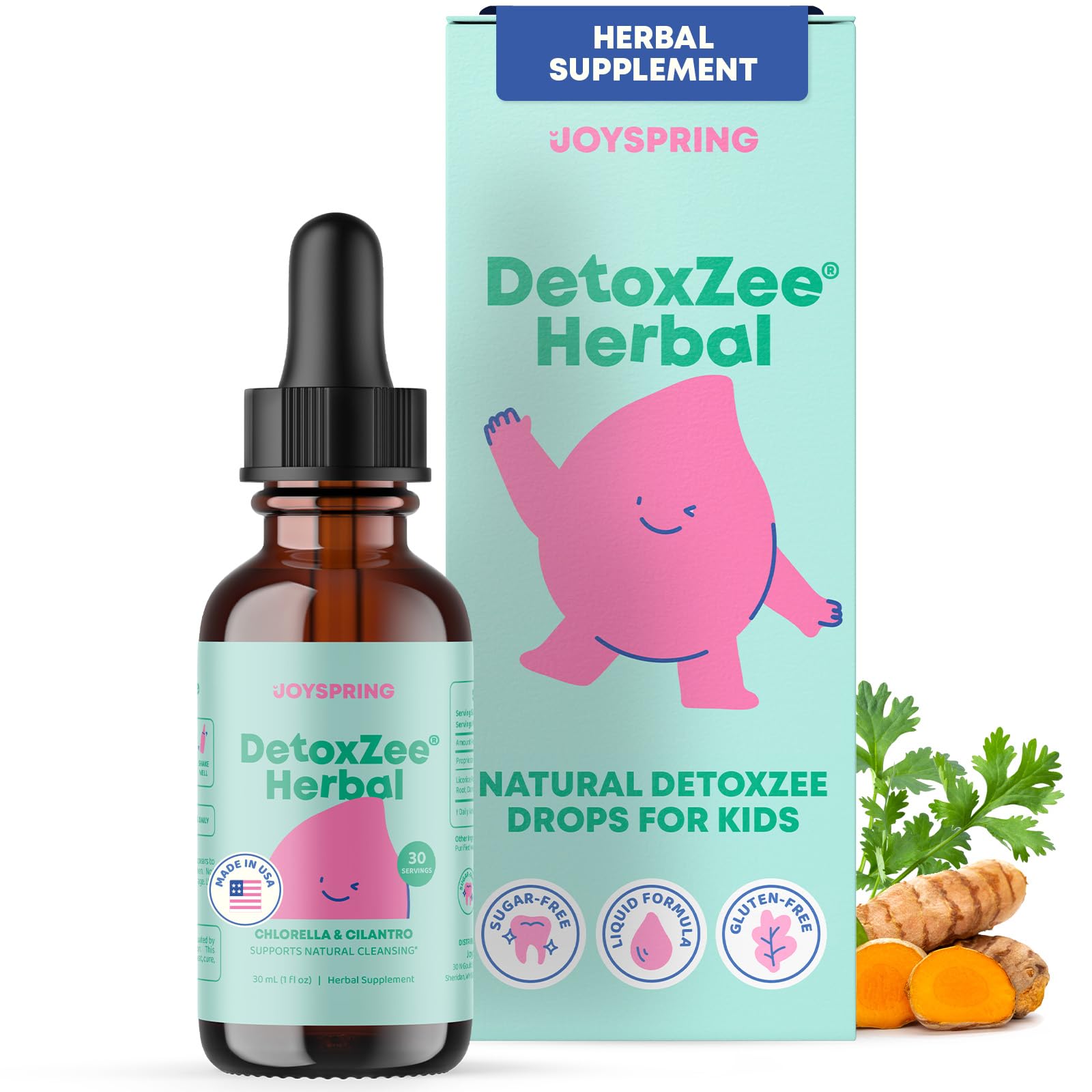 JoySpring cilantro detox kids bottle front shows a gentle herbal blend for daily calm and focus.
