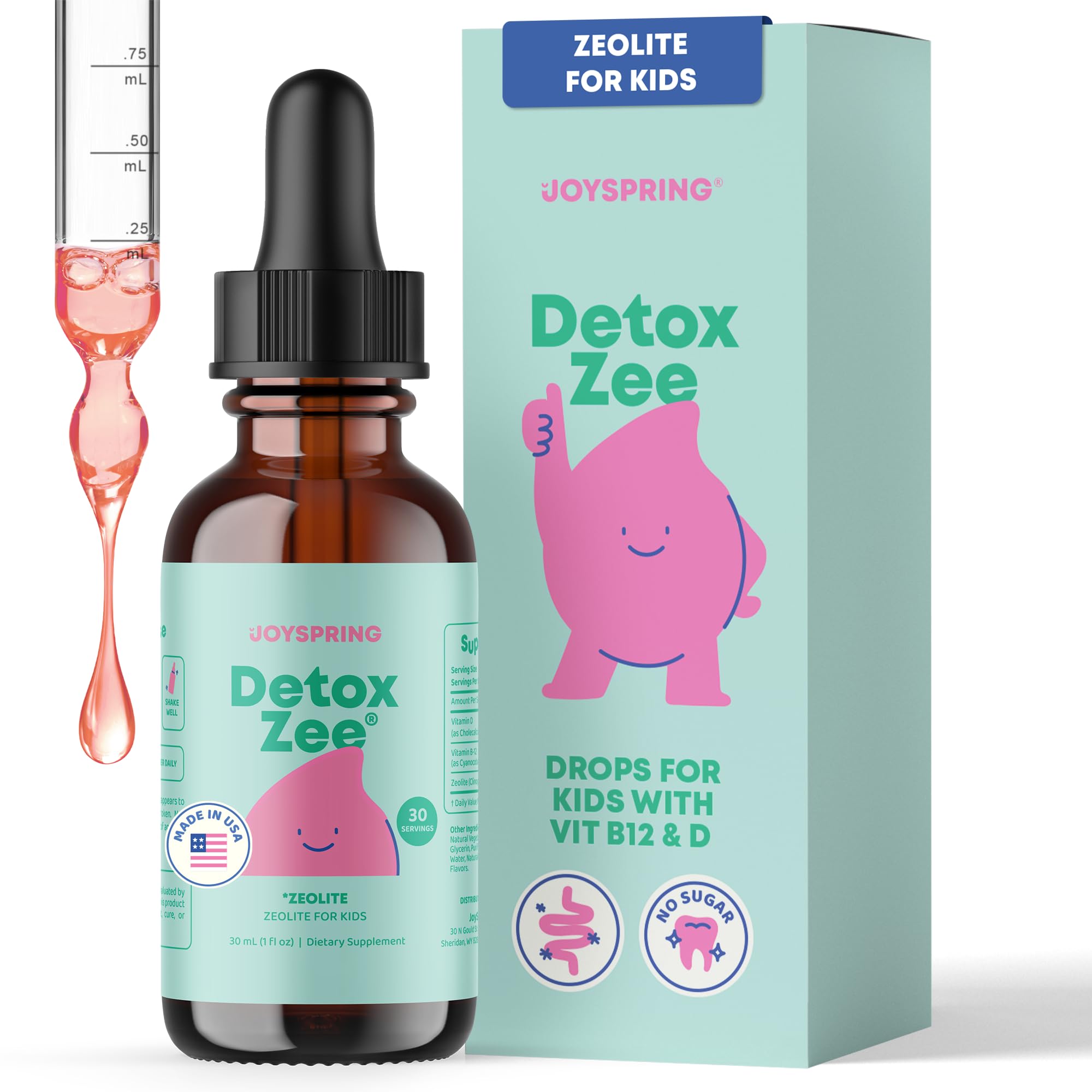 JoySpring DetoxZee Kids bottle front view, kid-friendly berry liquid for daily use.