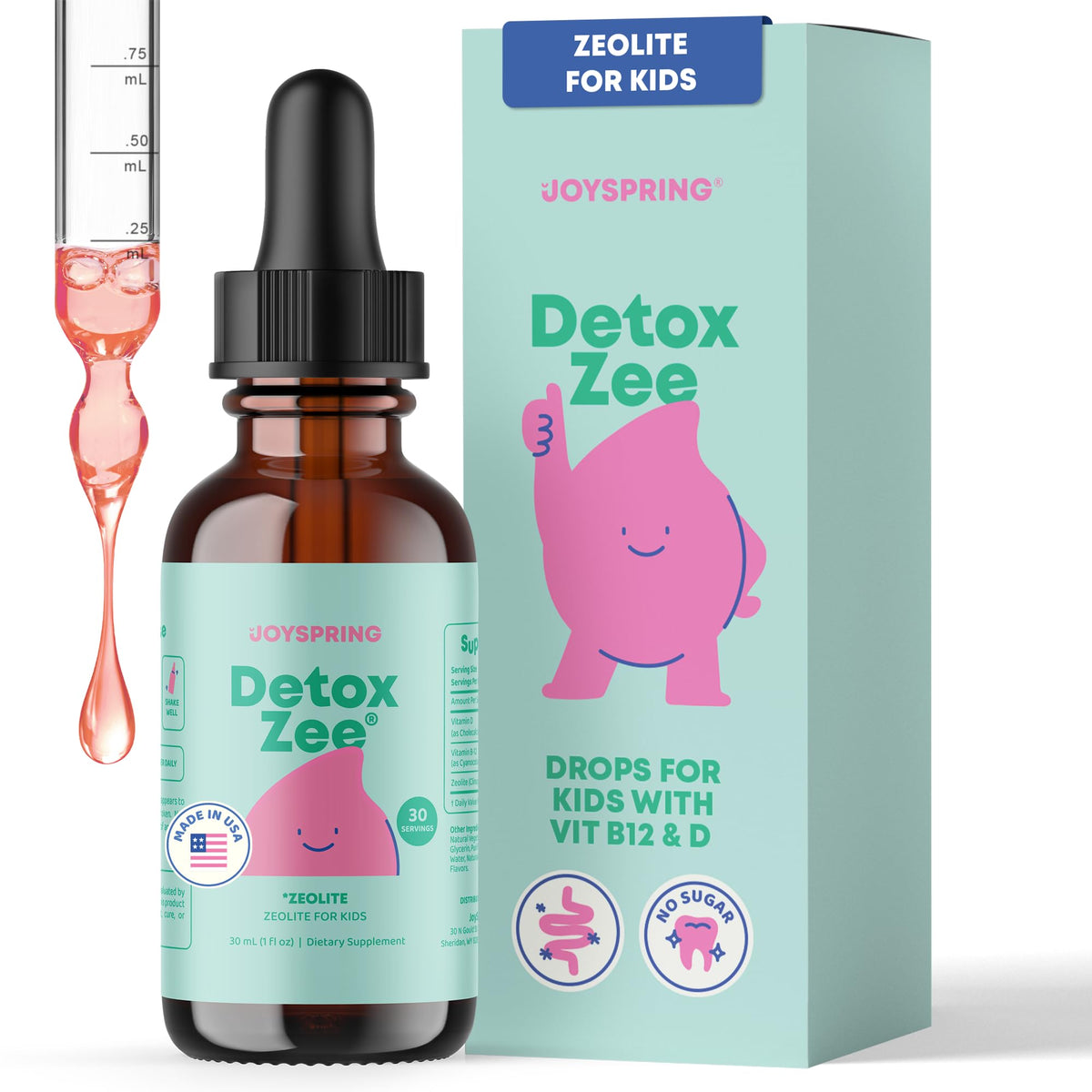 JoySpring DetoxZee Kids bottle front view, kid-friendly berry liquid for daily use.