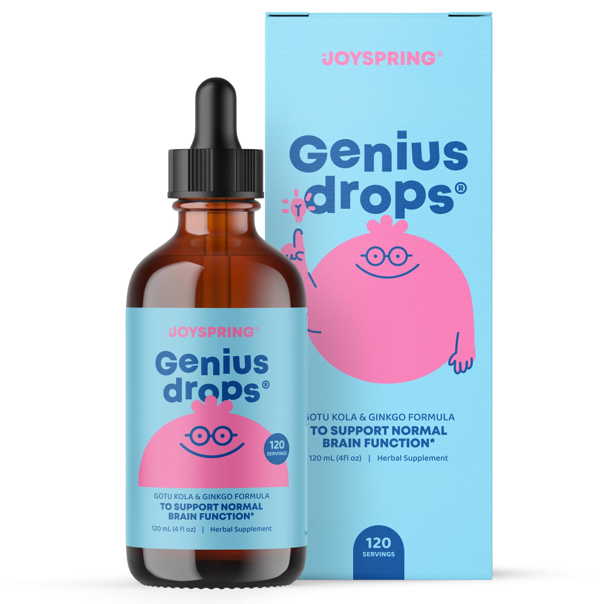 JoySpring Genius Drops bottle front highlighting organic focus support for kids