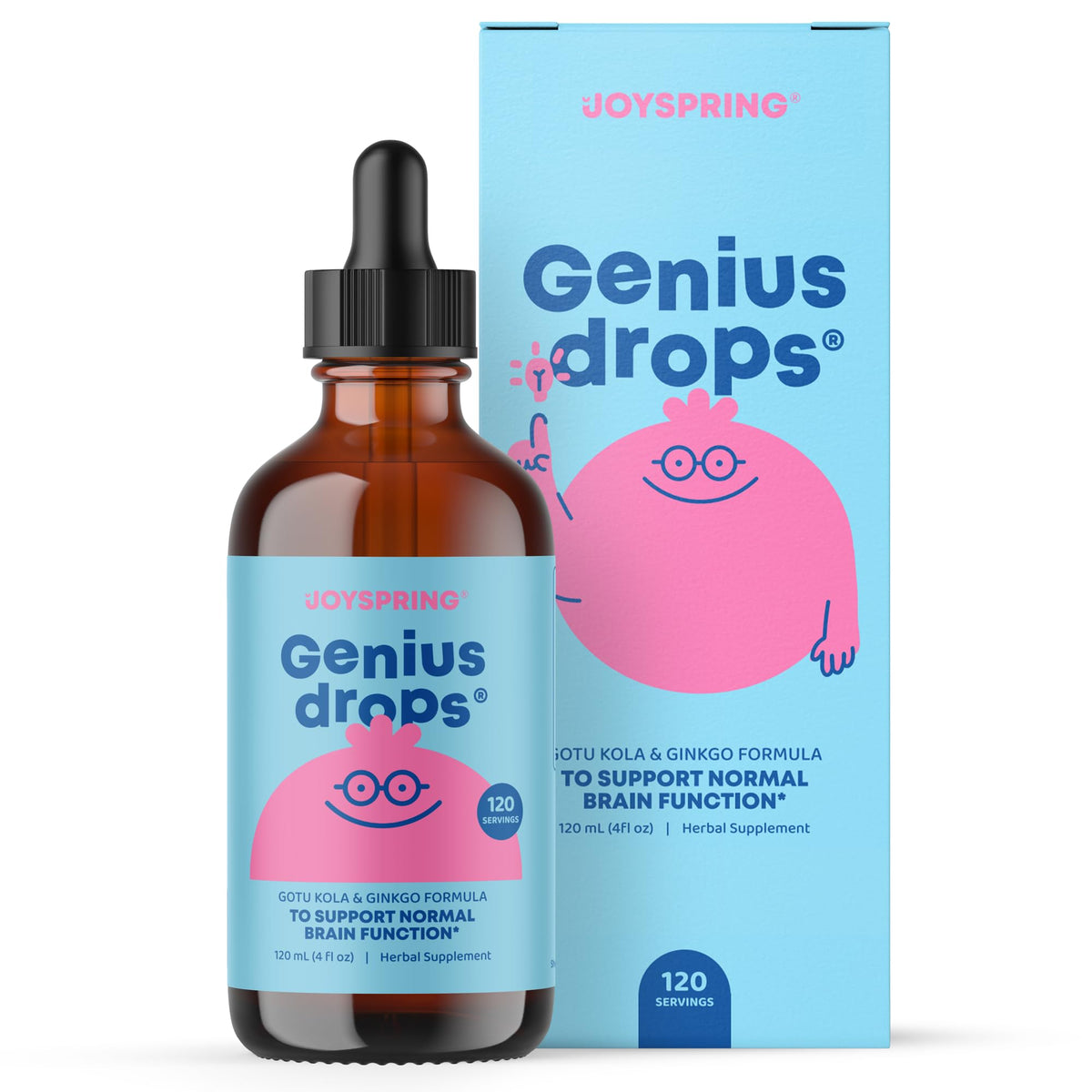 JoySpring Genius Drops bottle front highlighting organic focus support for kids