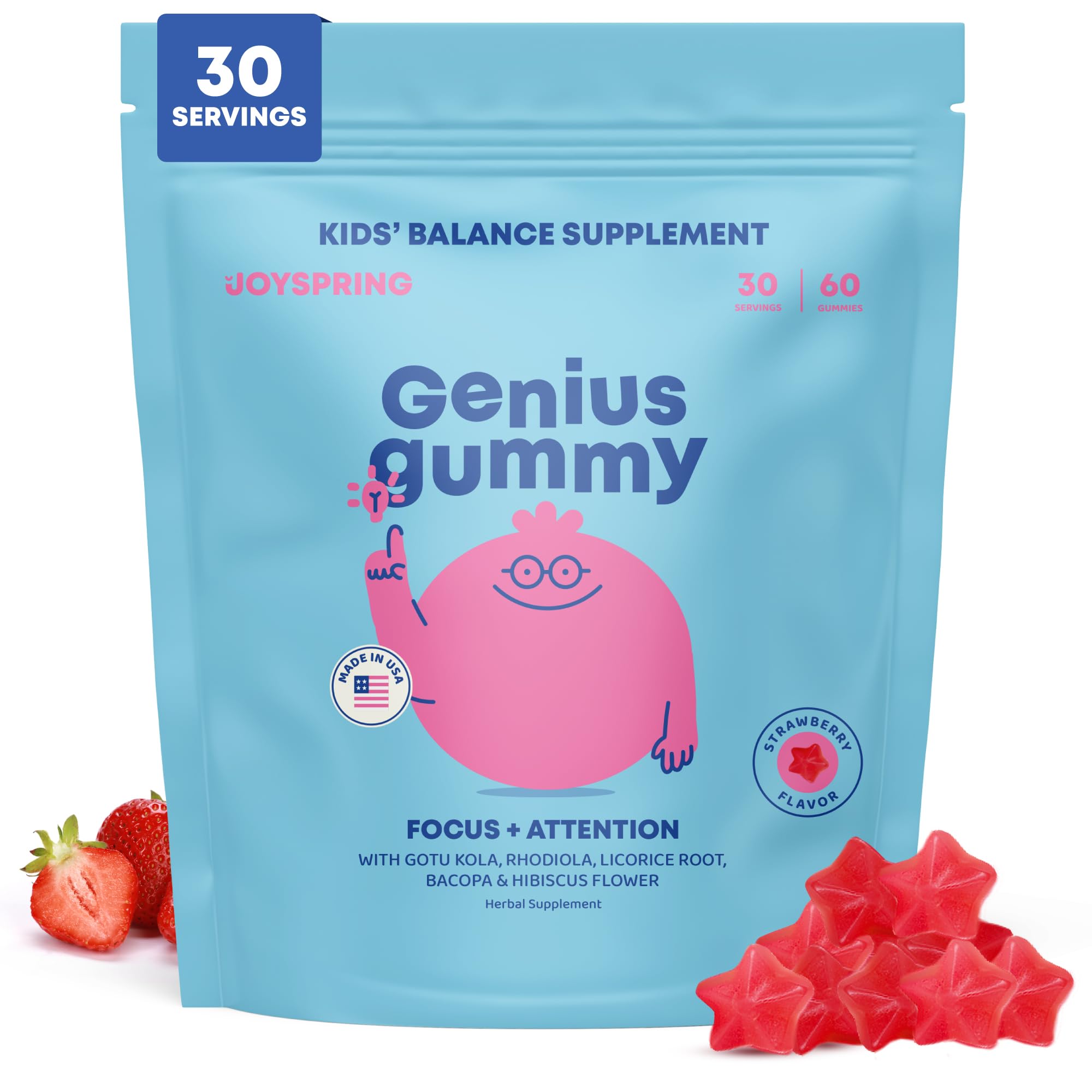 JoySpring Genius Kids Focus Gummies bottle close-up showing convenient daily brain support