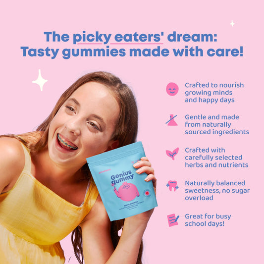 JoySpring Genius Kids Focus Gummies close-up highlighting kid-friendly gummies