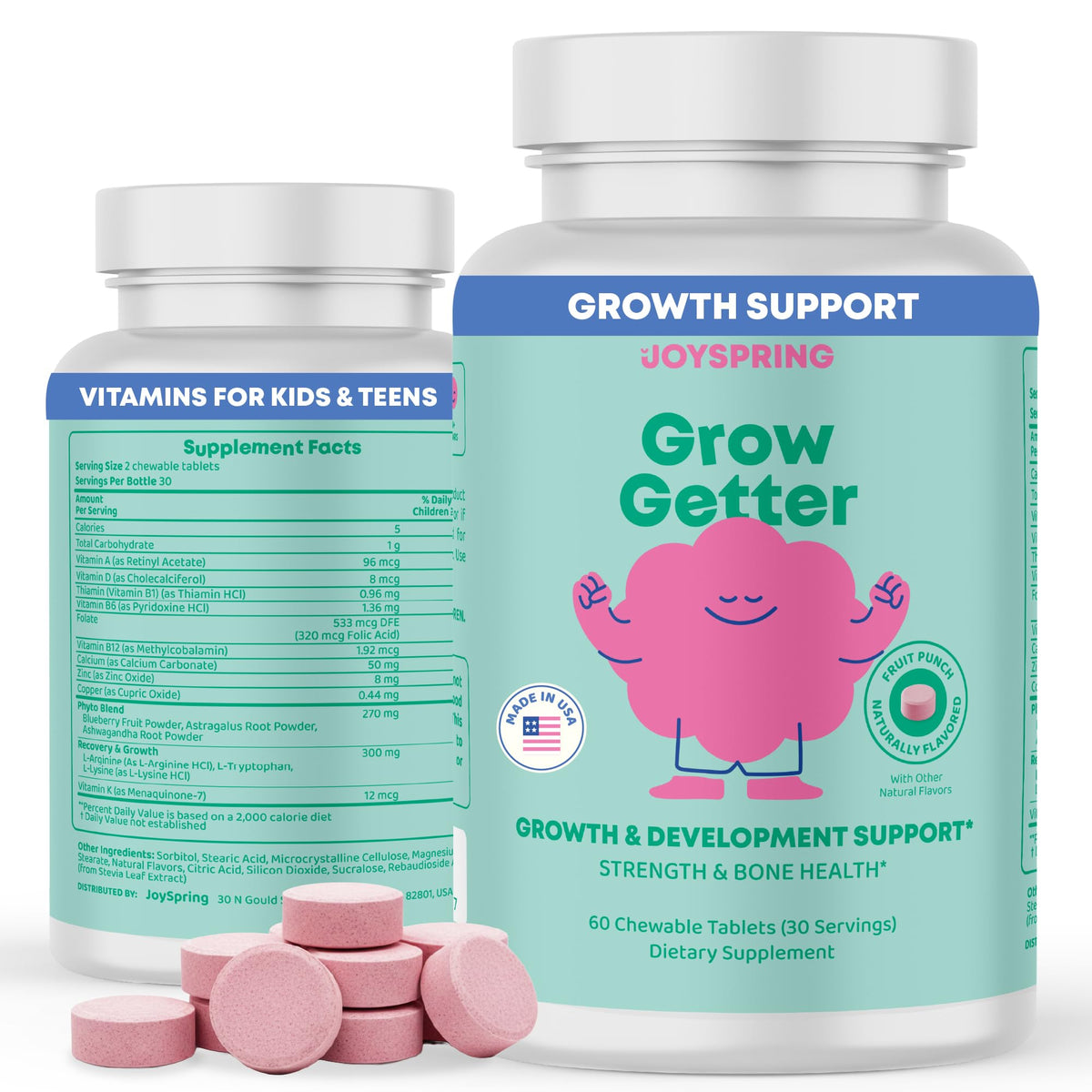 JoySpring Growth Teens bottle label highlights a sugar-free, teen-friendly growth vitamin.