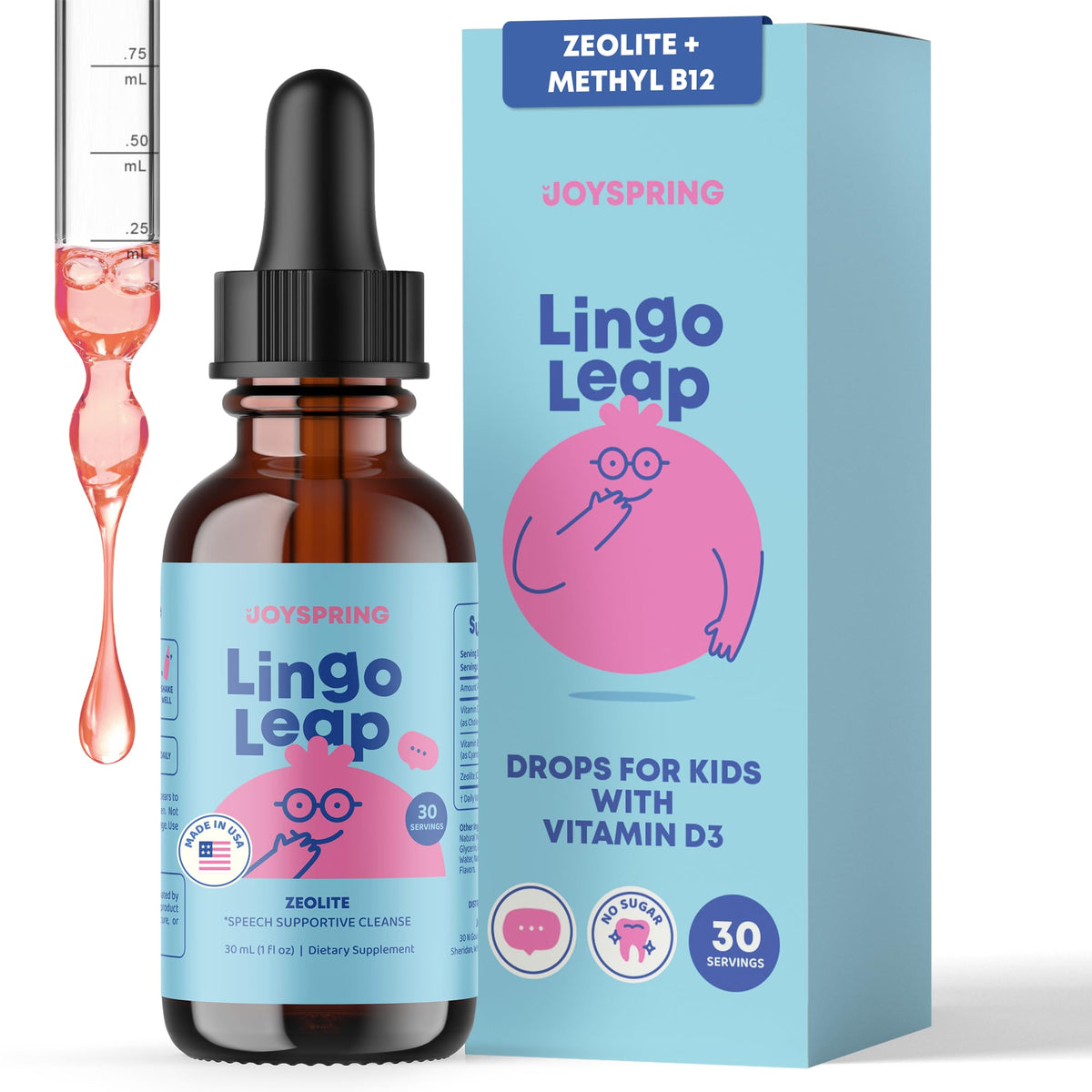 JoySpring LingoLeap bottle front shows a kid-friendly daily wellness routine.