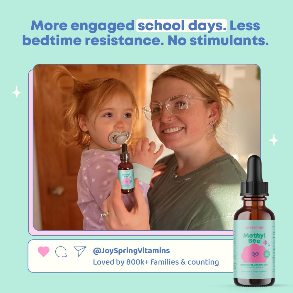 JoySpring Methylated B complex for kids ages 3+, smooth taste.