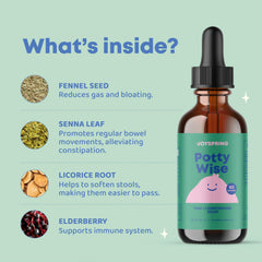 JoySpring Potty Wise label emphasizes vegan, gluten-free, sugar-free attributes
