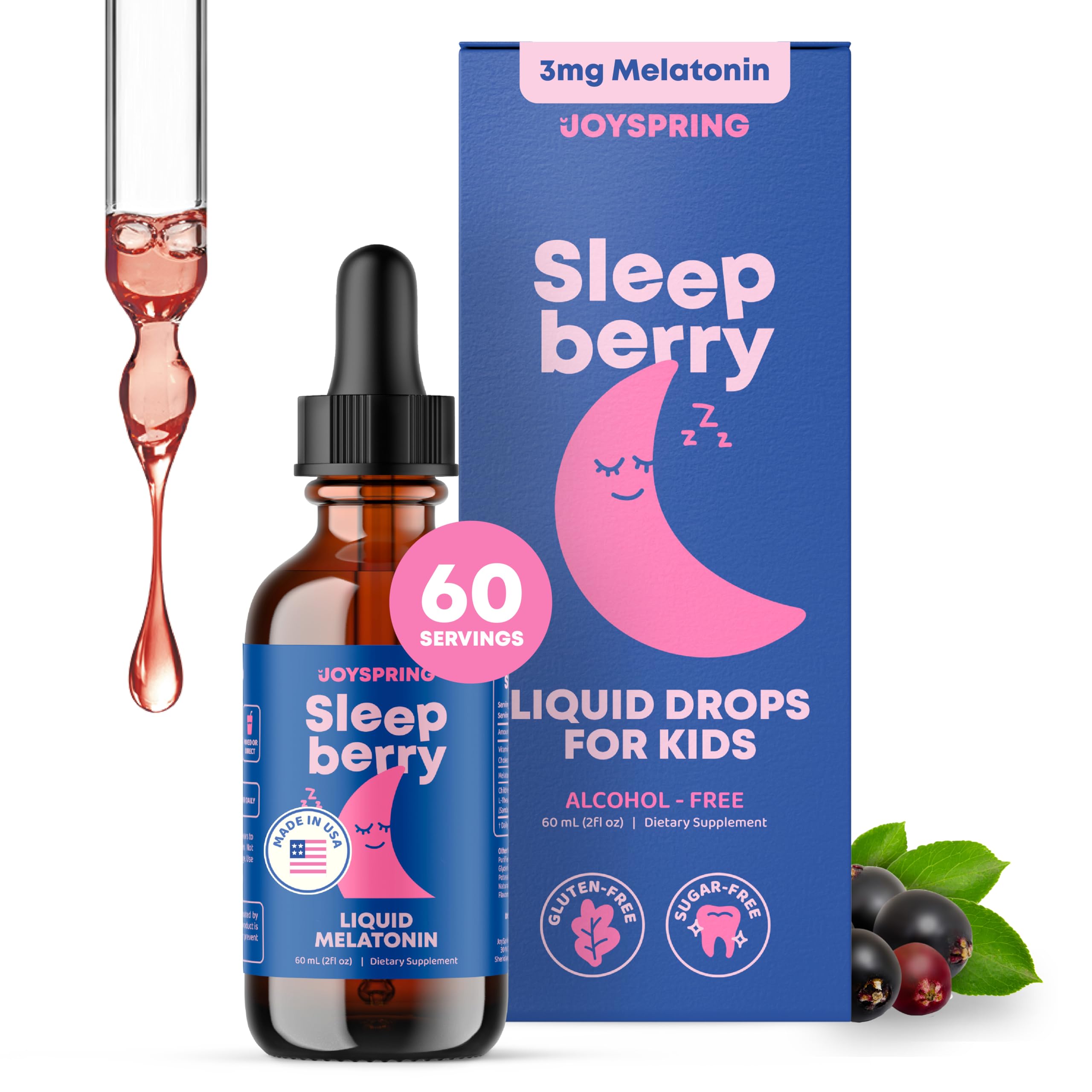 JoySpring Sleepberry bottle pour showing easy dosing for kids at bedtime.