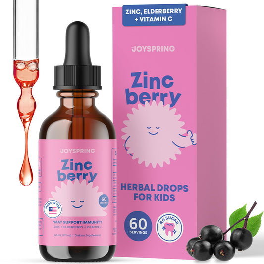 JoySpring ZincBerry drops bottle with elderberry flavor for immune support.