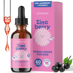 JoySpring ZincBerry drops bottle with elderberry flavor for immune support.