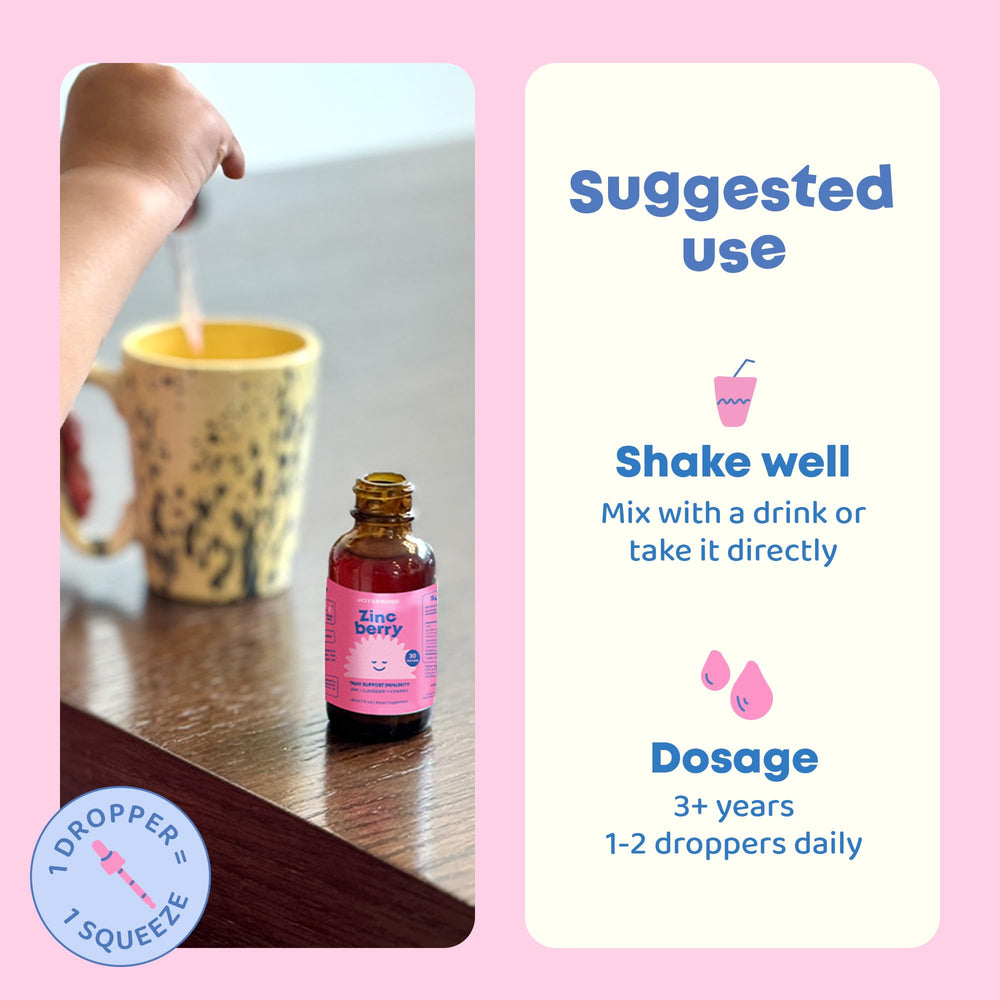JoySpring ZincBerry bottle with smiley child enjoying daily drop.