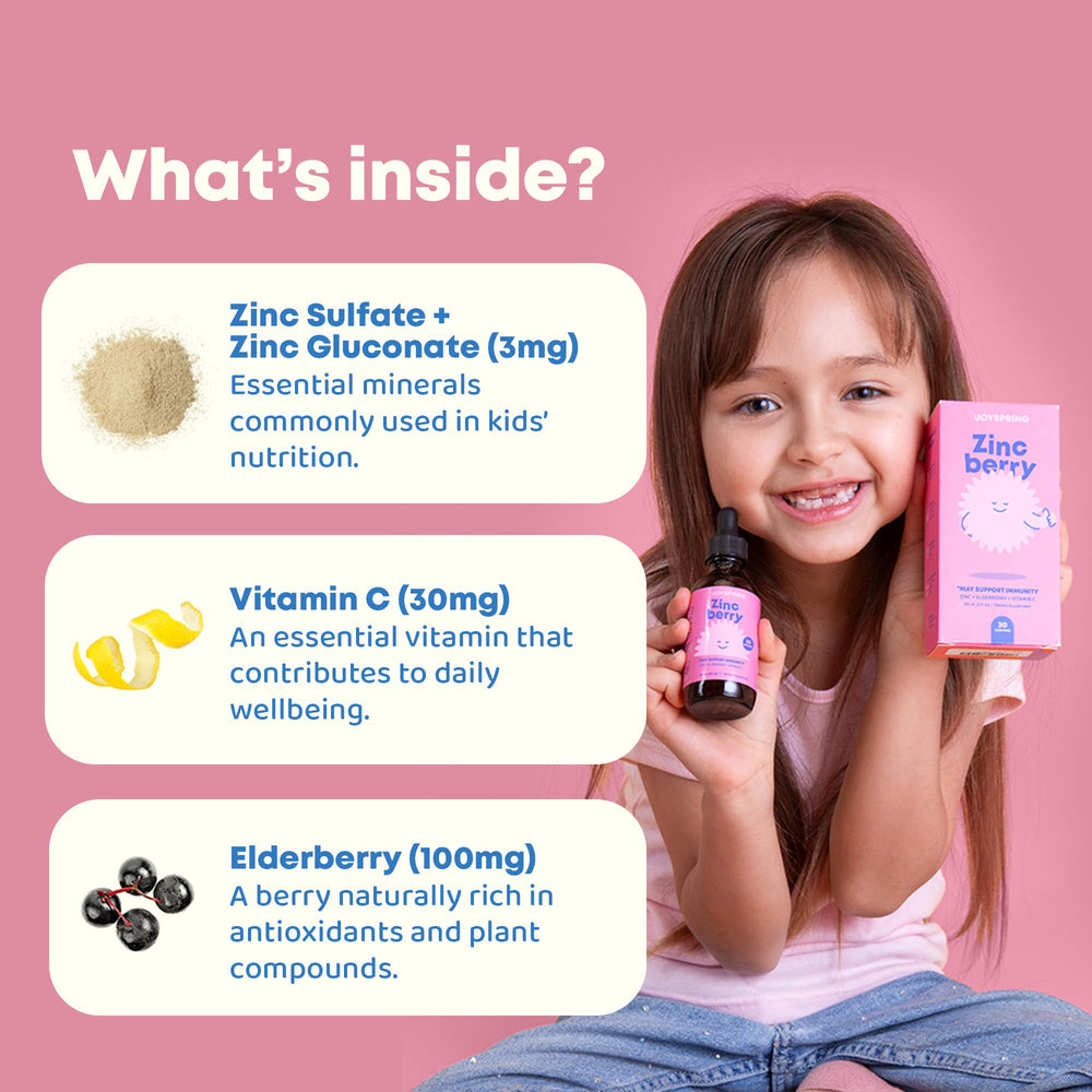 JoySpring ZincBerry packaging alongside elderberry details and vitamin C.