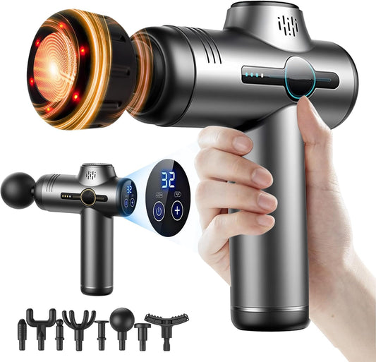 JOYSUWERUN Massage Gun with Heat targets back muscles for post-workout relief.