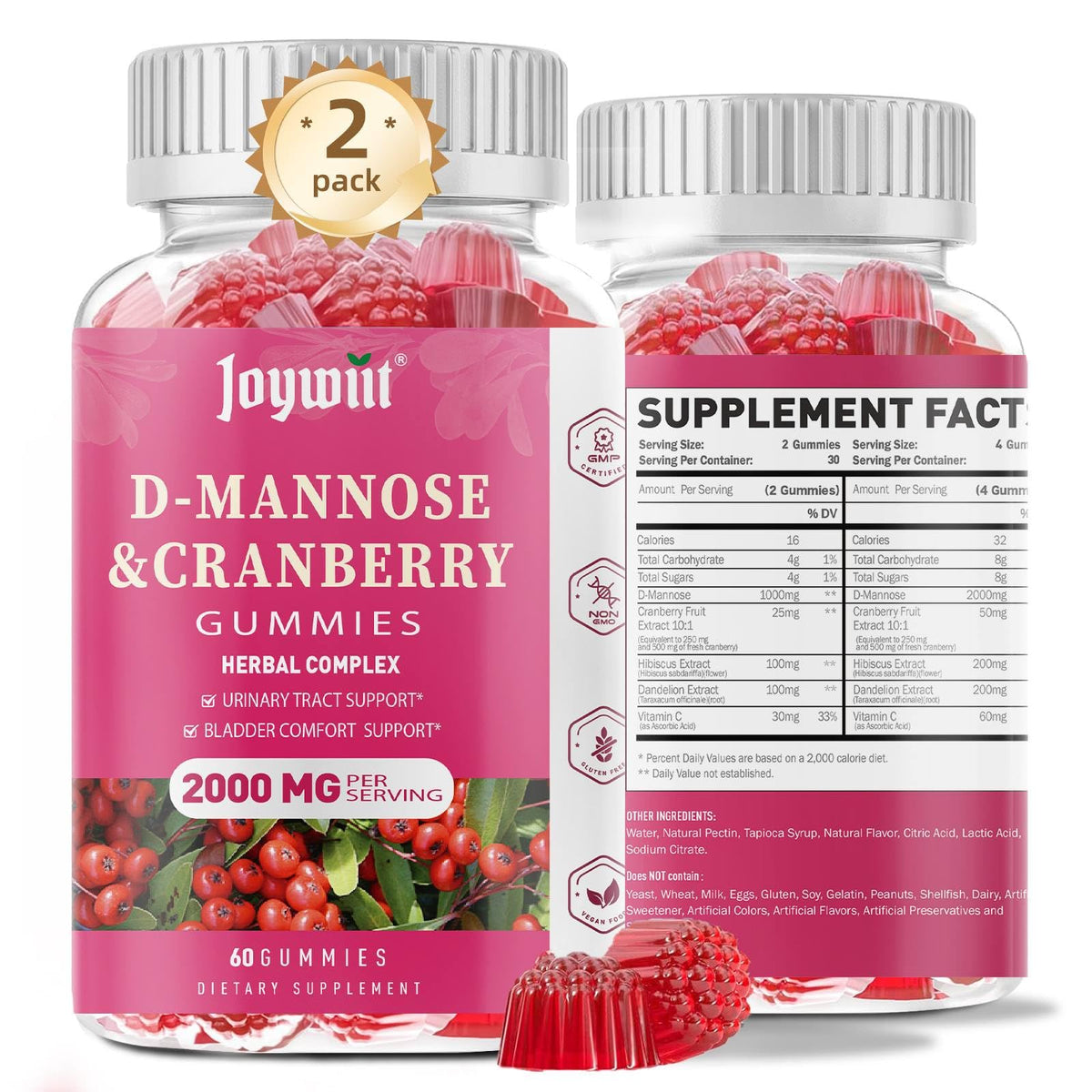 Joywiit D-Mannose Gummies bottle front highlighting cranberry and hibiscus for urinary health.