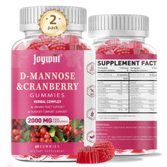 Joywiit D-Mannose Gummies bottle front highlighting cranberry and hibiscus for urinary health.