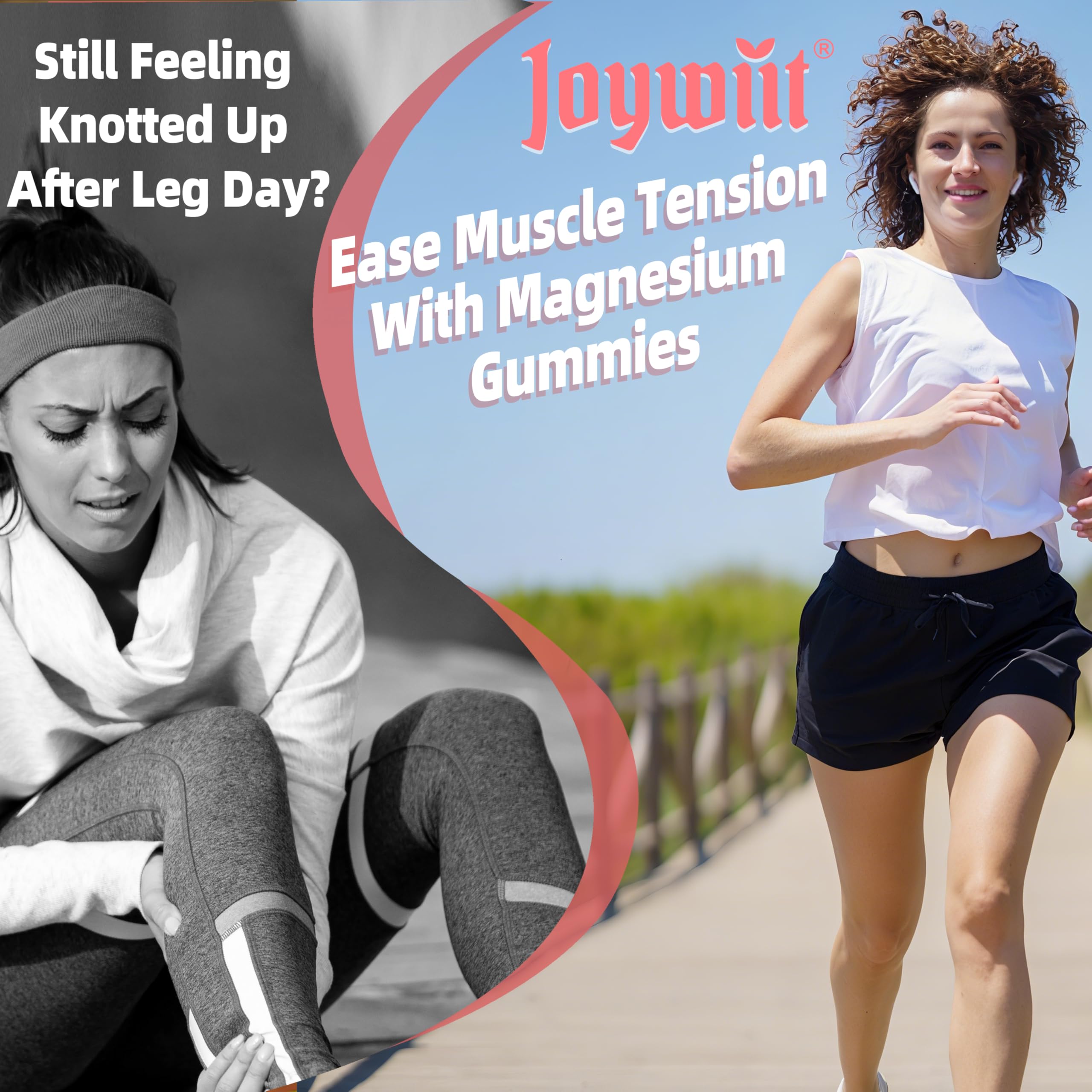 Joywiit Magnesium Malate Gummies ingredients panel features L-Theanine and CoQ10.