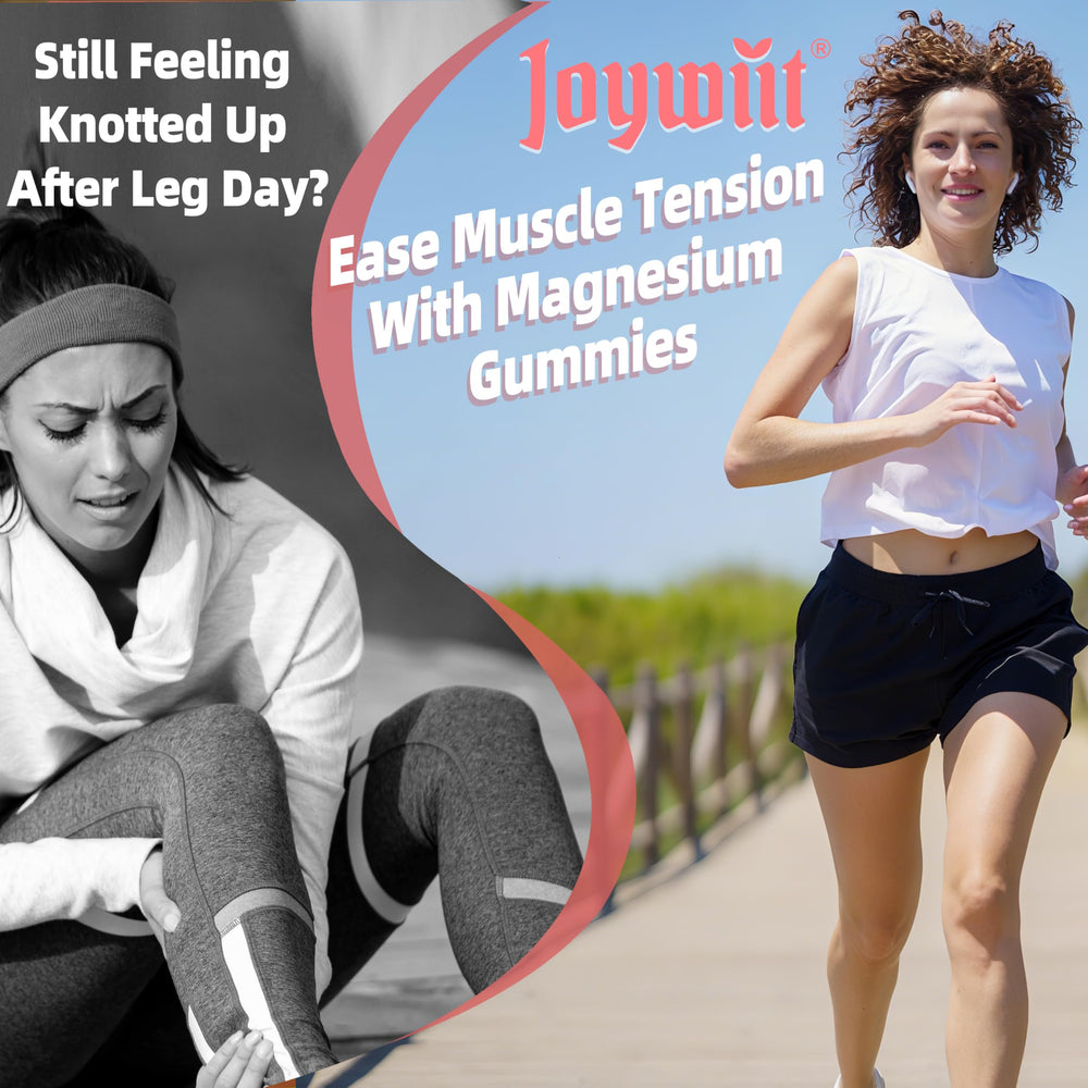 Joywiit Magnesium Malate Gummies ingredients panel features L-Theanine and CoQ10.