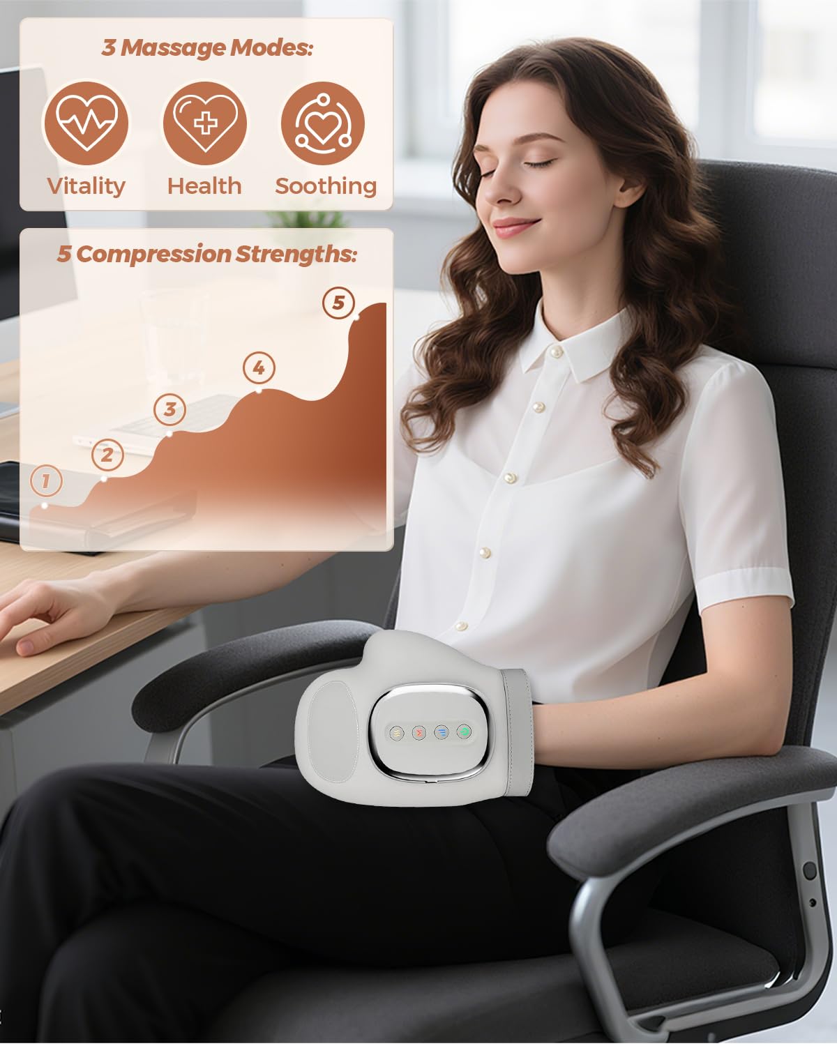 Joyzan hand massager shows 3D wave pressing across the palm