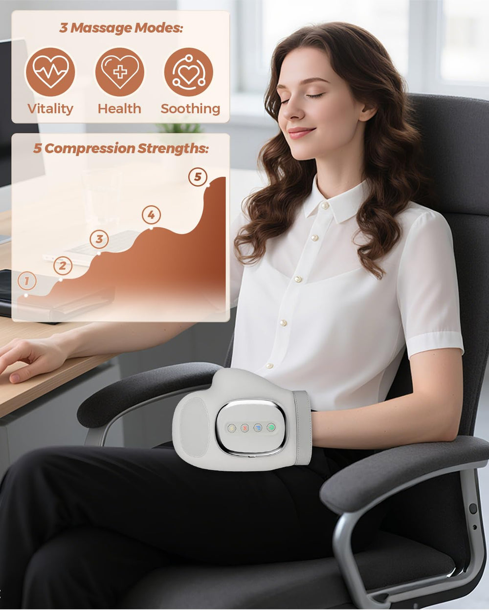 Joyzan hand massager shows 3D wave pressing across the palm