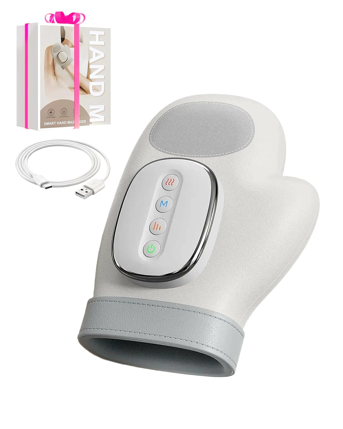 Joyzan hand massager in use with warm compression soothing wrists and palms