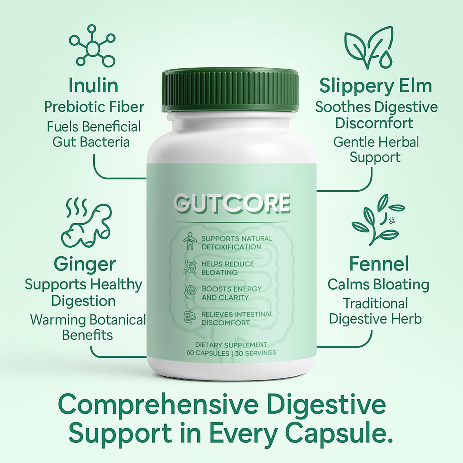 Jqewlg GutCore capsules close-up showing easy daily intake.