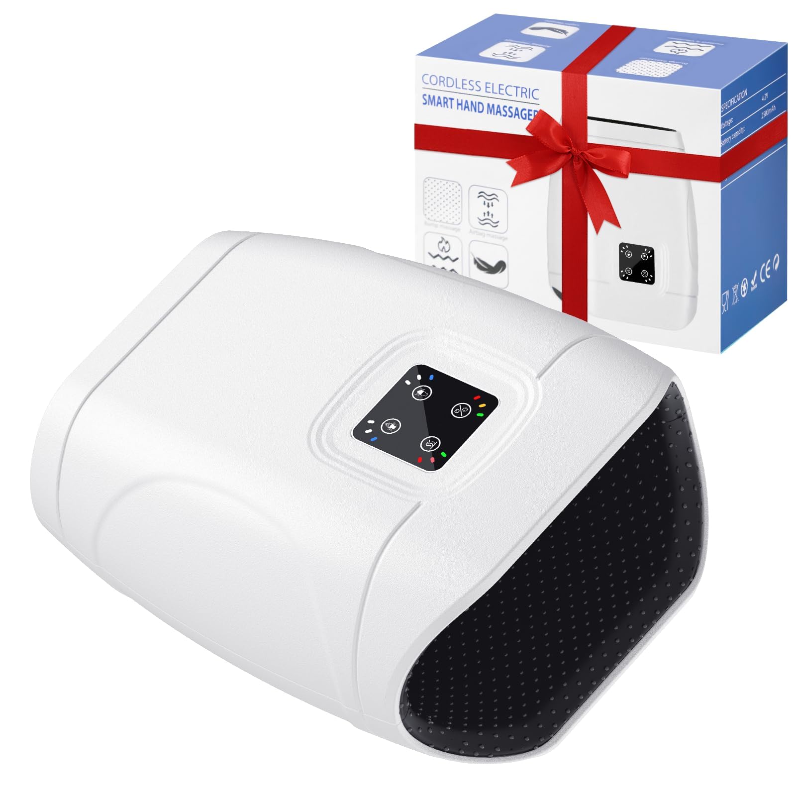 JQX cordless heated hand massager front view highlights portable design and simple controls.