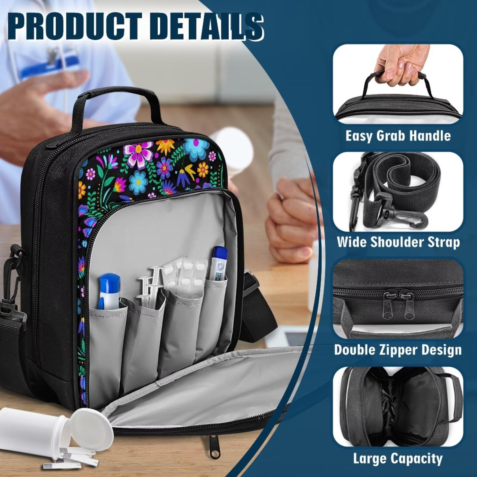Jrysaedy diabetes bag large capacity fits multiple supplies.