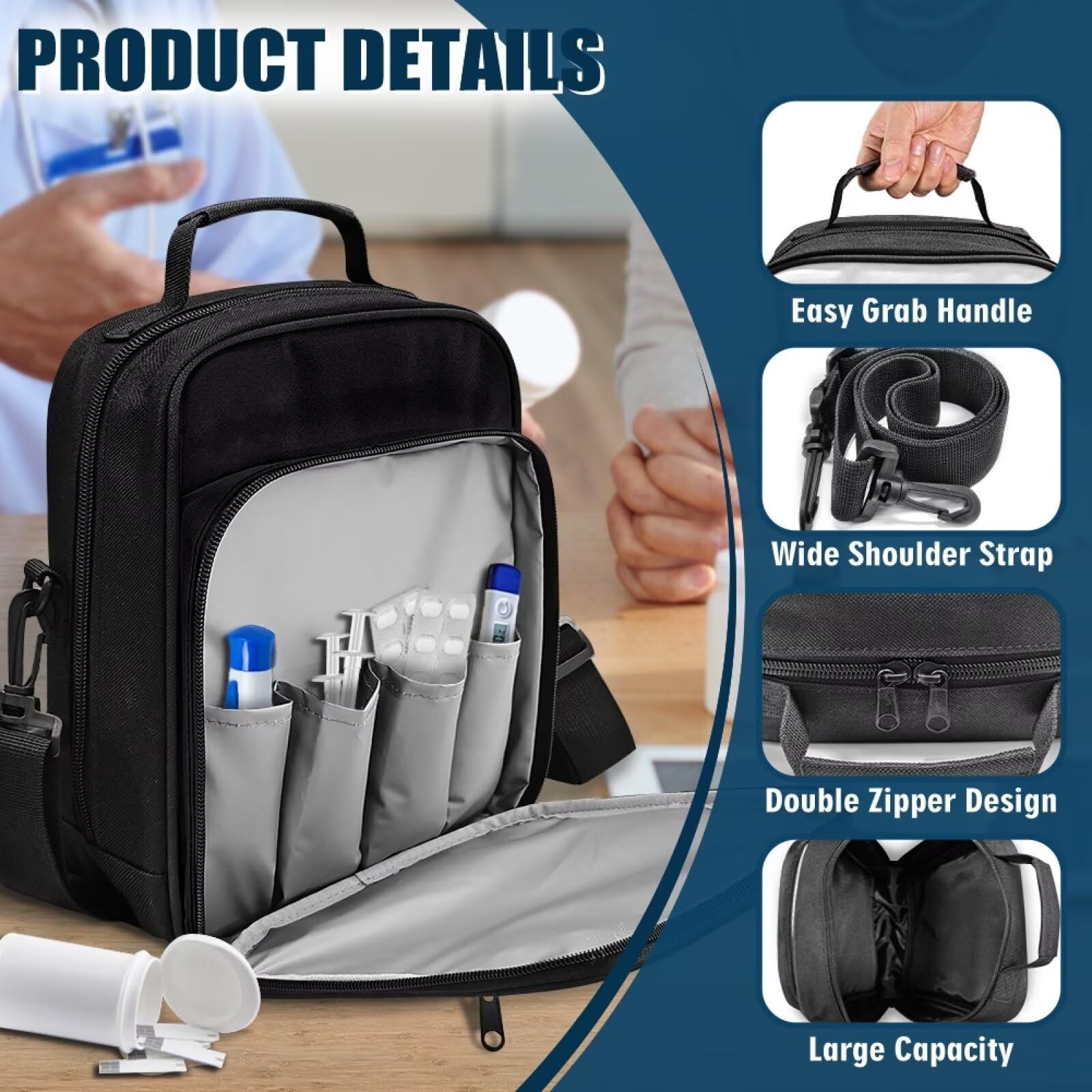 Jrysaedy large-capacity diabetes supplies bag holds essentials neatly