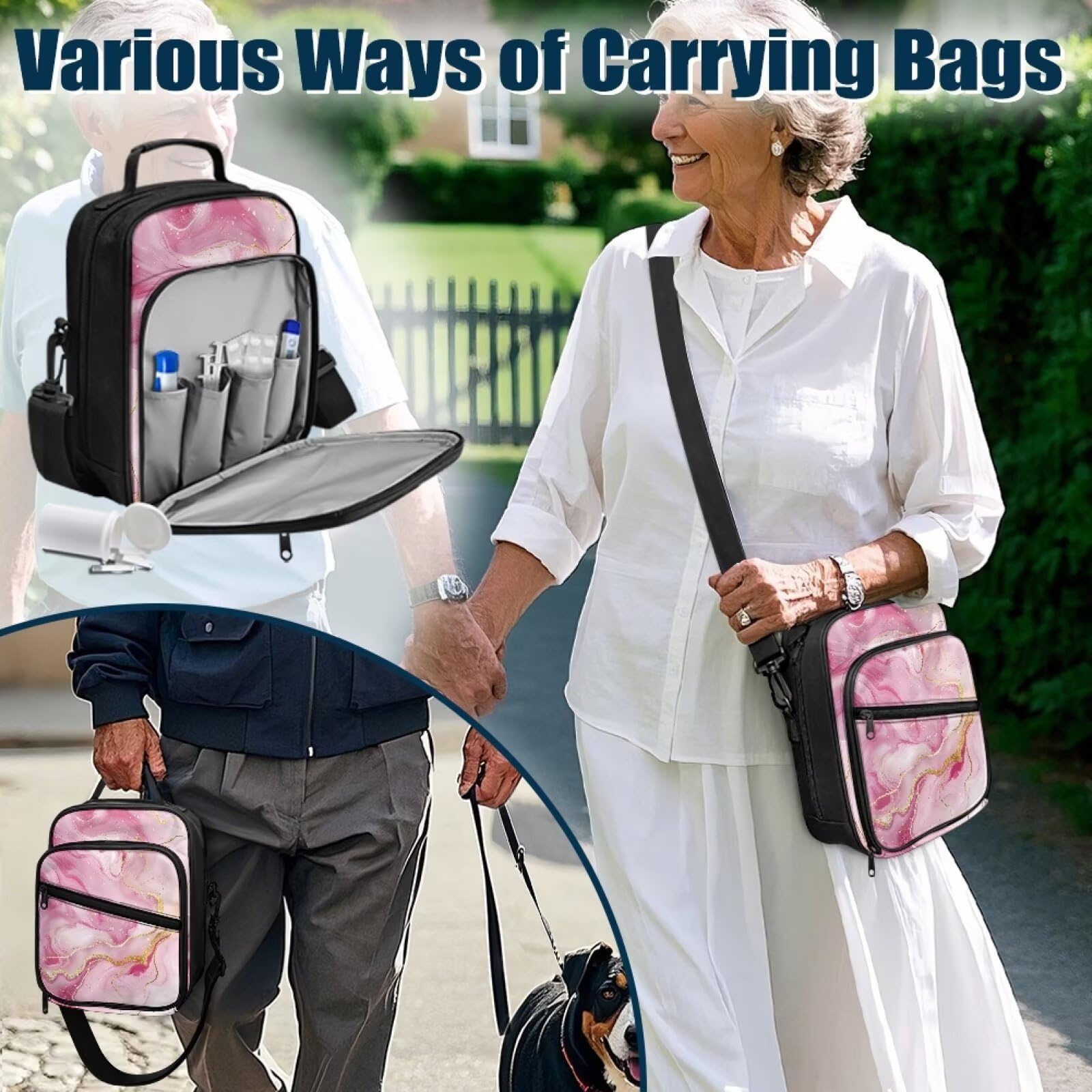 Jrysaedy Marble Diabetes Bag includes comfortable handle and adjustable strap for easy carrying.