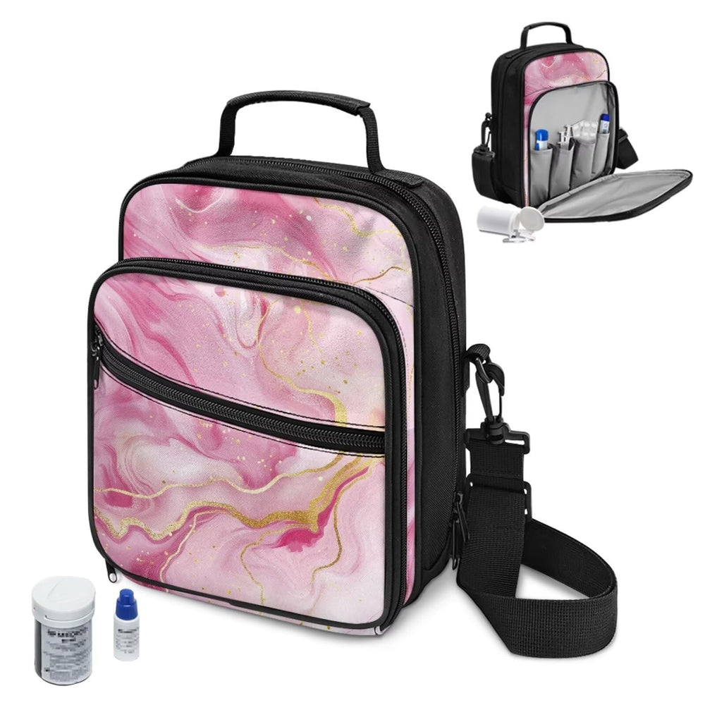 Jrysaedy Marble Diabetes Bag front pocket stores glucose tablets for quick access.