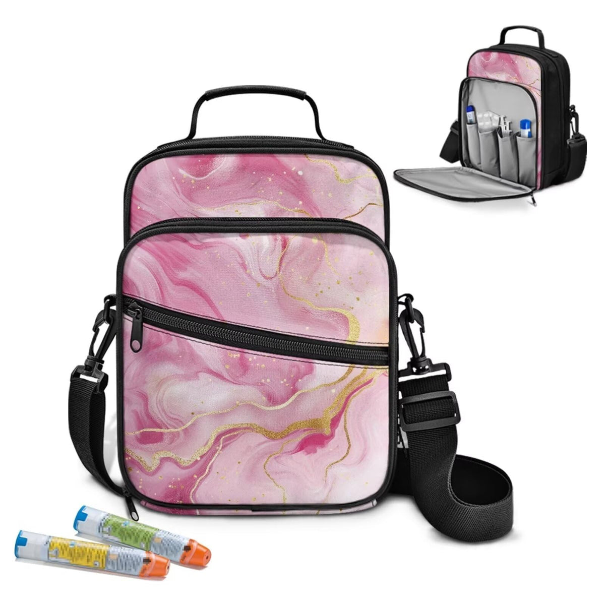 Jrysaedy Marble Diabetes Bag with organized compartments keeps pens and meters neatly accessible.