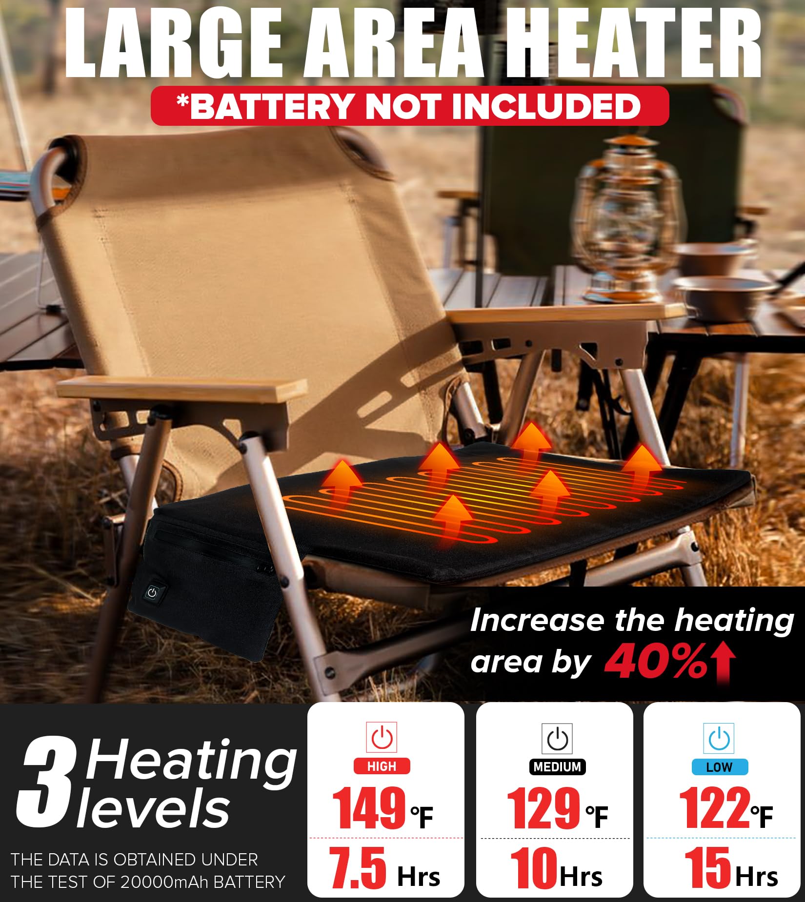 JS LifeStyle 15h battery life supports long outdoor warmth on camping trips.