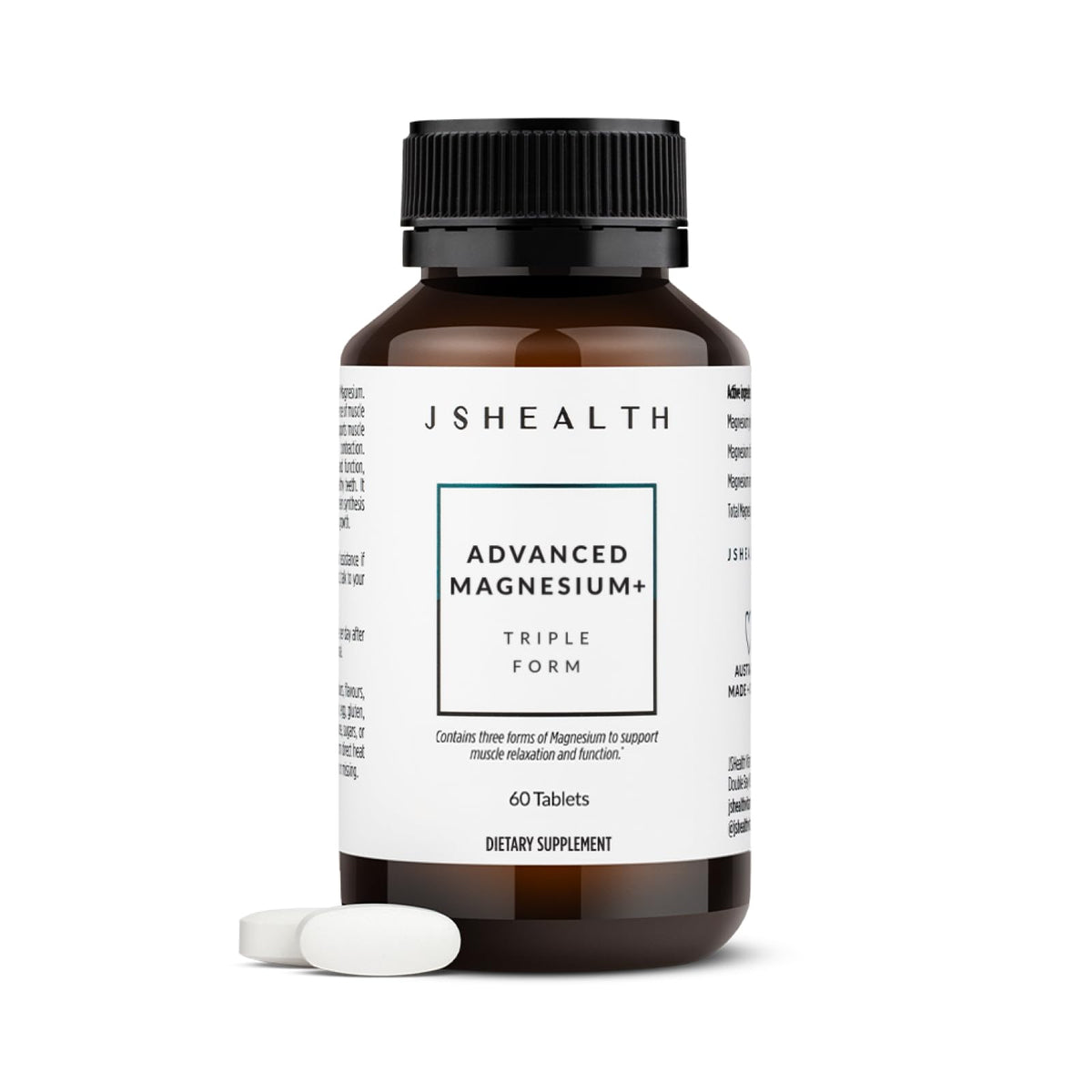 JSHealth Advanced Magnesium bottle close-up highlighting high-absorb formula for muscle support