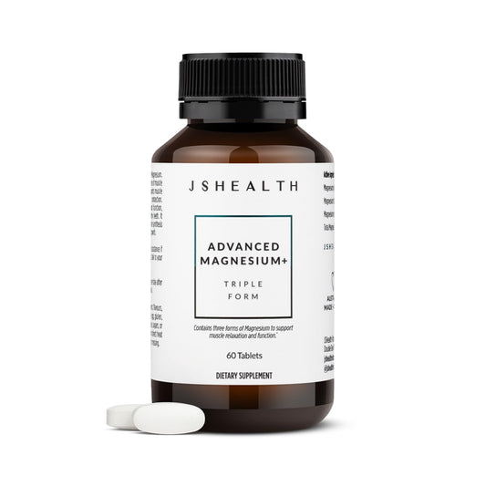 JSHealth Advanced Magnesium bottle close-up highlighting high-absorb formula for muscle support