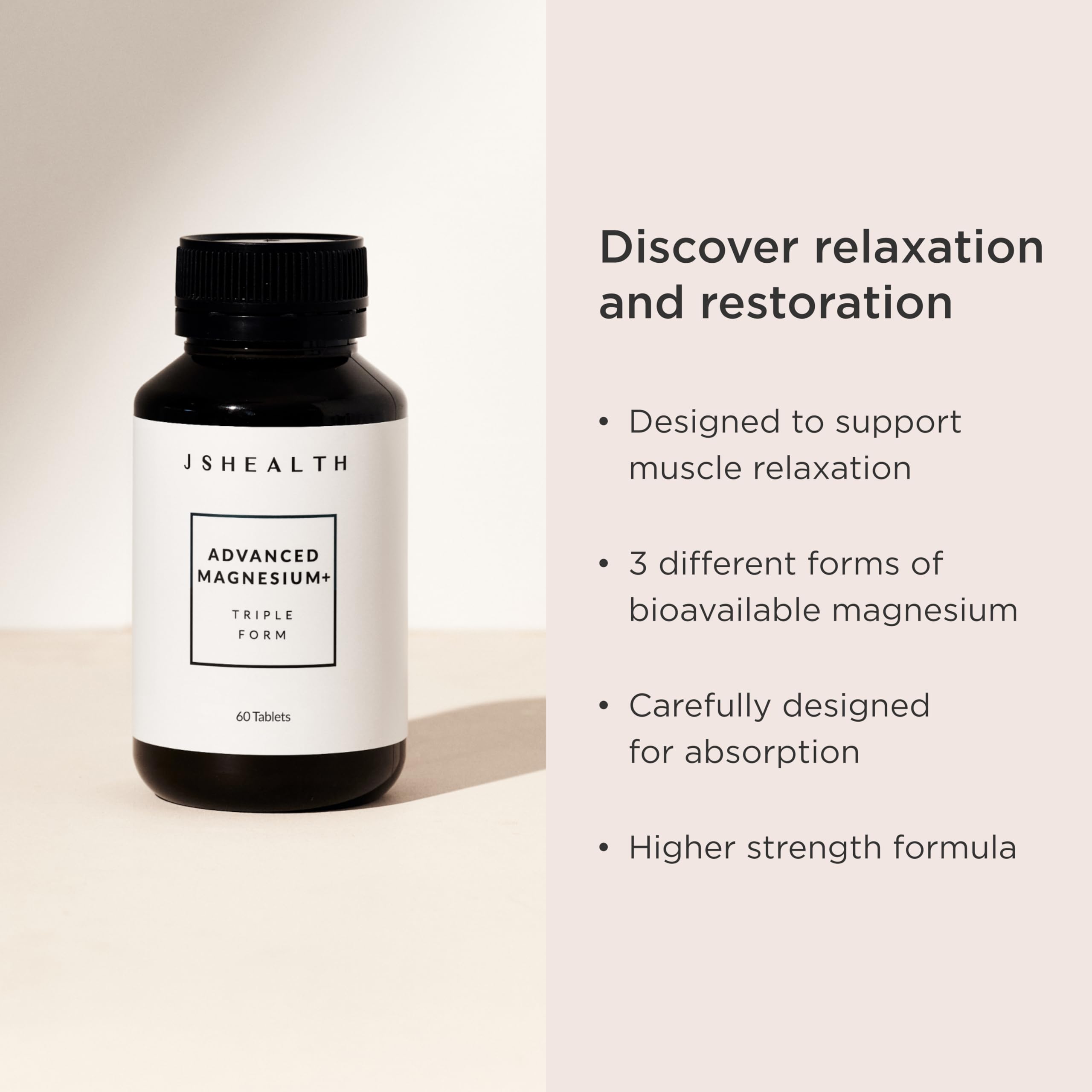 JSHealth Advanced Magnesium capsules pack emphasizing three magnesium forms for relaxation support