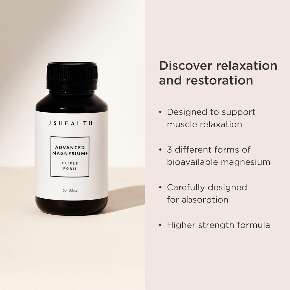 JSHealth Advanced Magnesium capsules pack emphasizing three magnesium forms for relaxation support