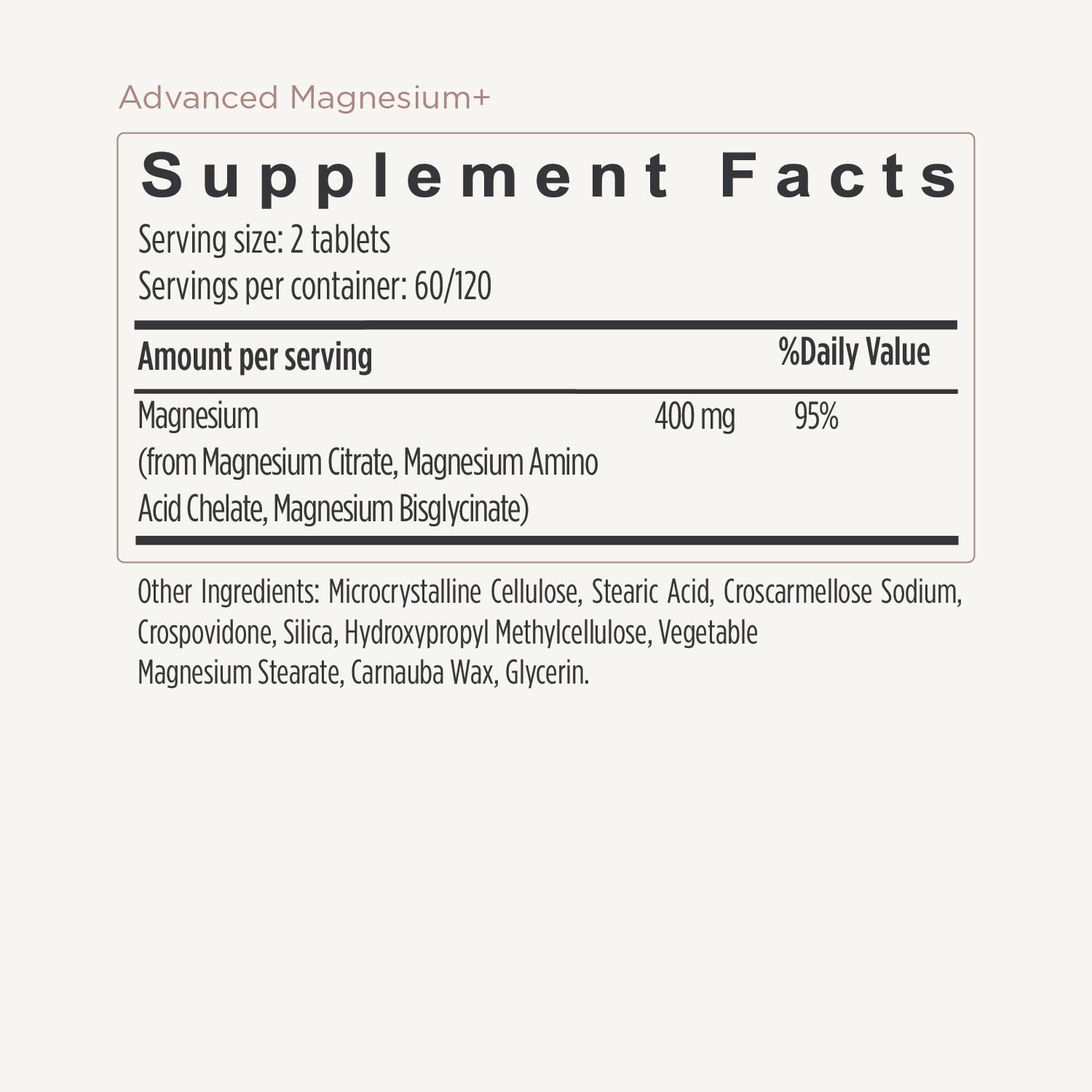 JSHealth Advanced Magnesium ingredients panel with dosage per tablet