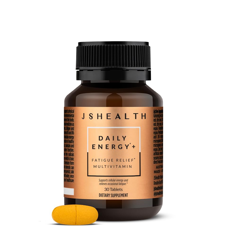 JSHealth Daily Energy bottle close-up, compact design for on-the-go energy