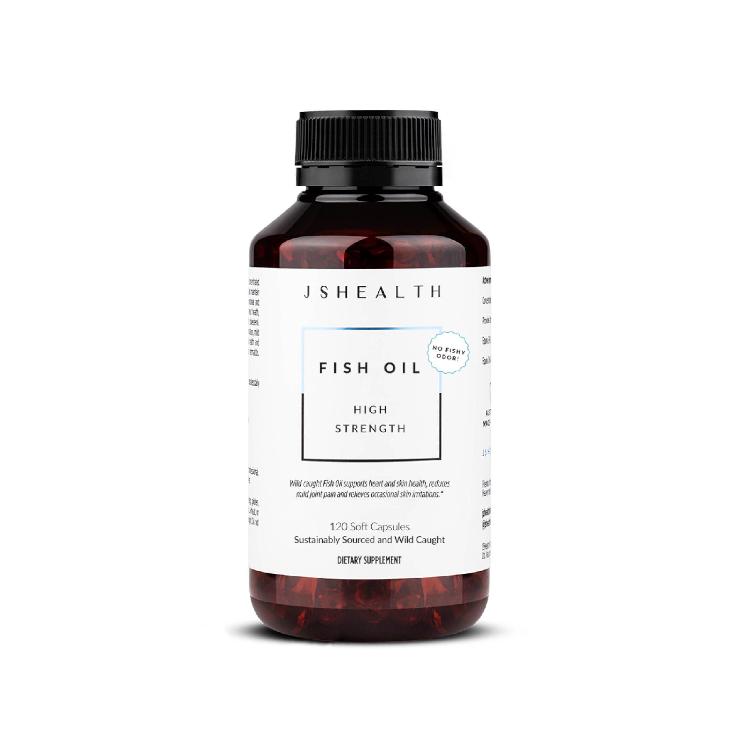JSHealth Fish Oil vanilla bottle with omega-3 support for everyday wellbeing.