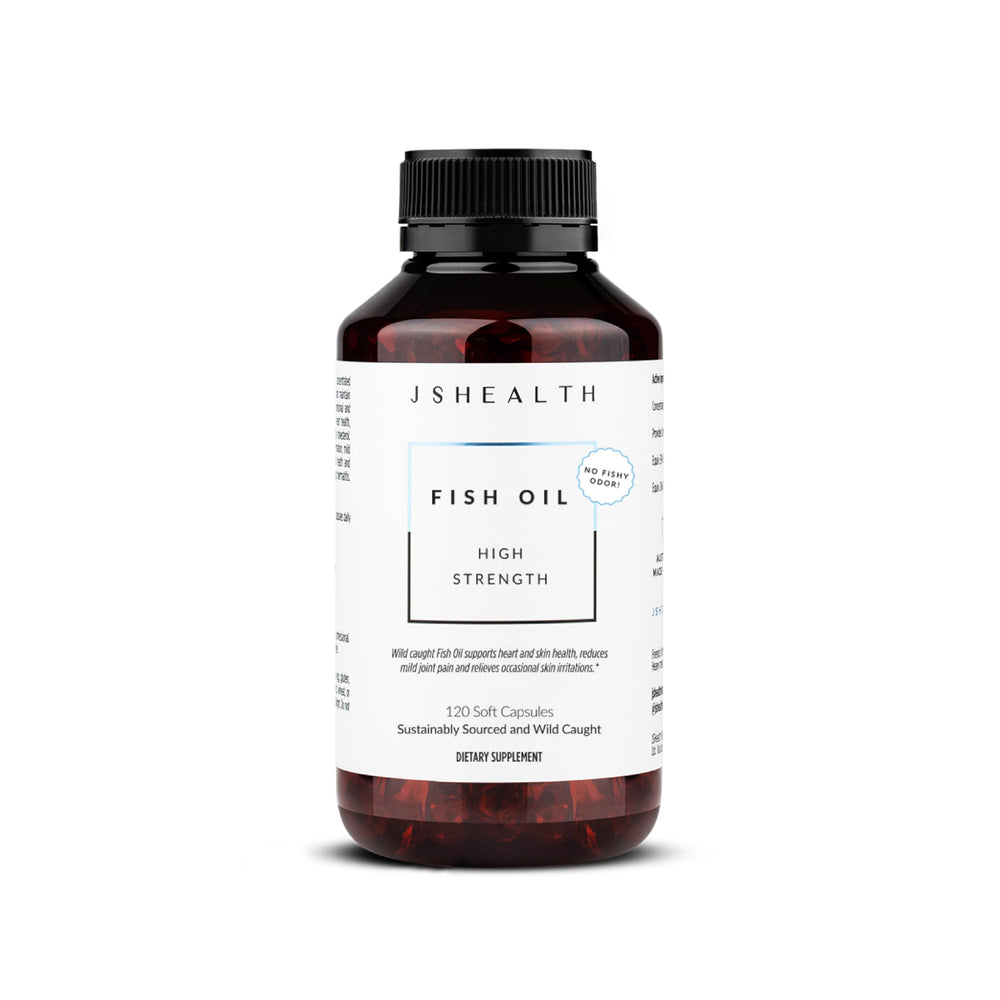 JSHealth Fish Oil vanilla bottle with omega-3 support for everyday wellbeing.