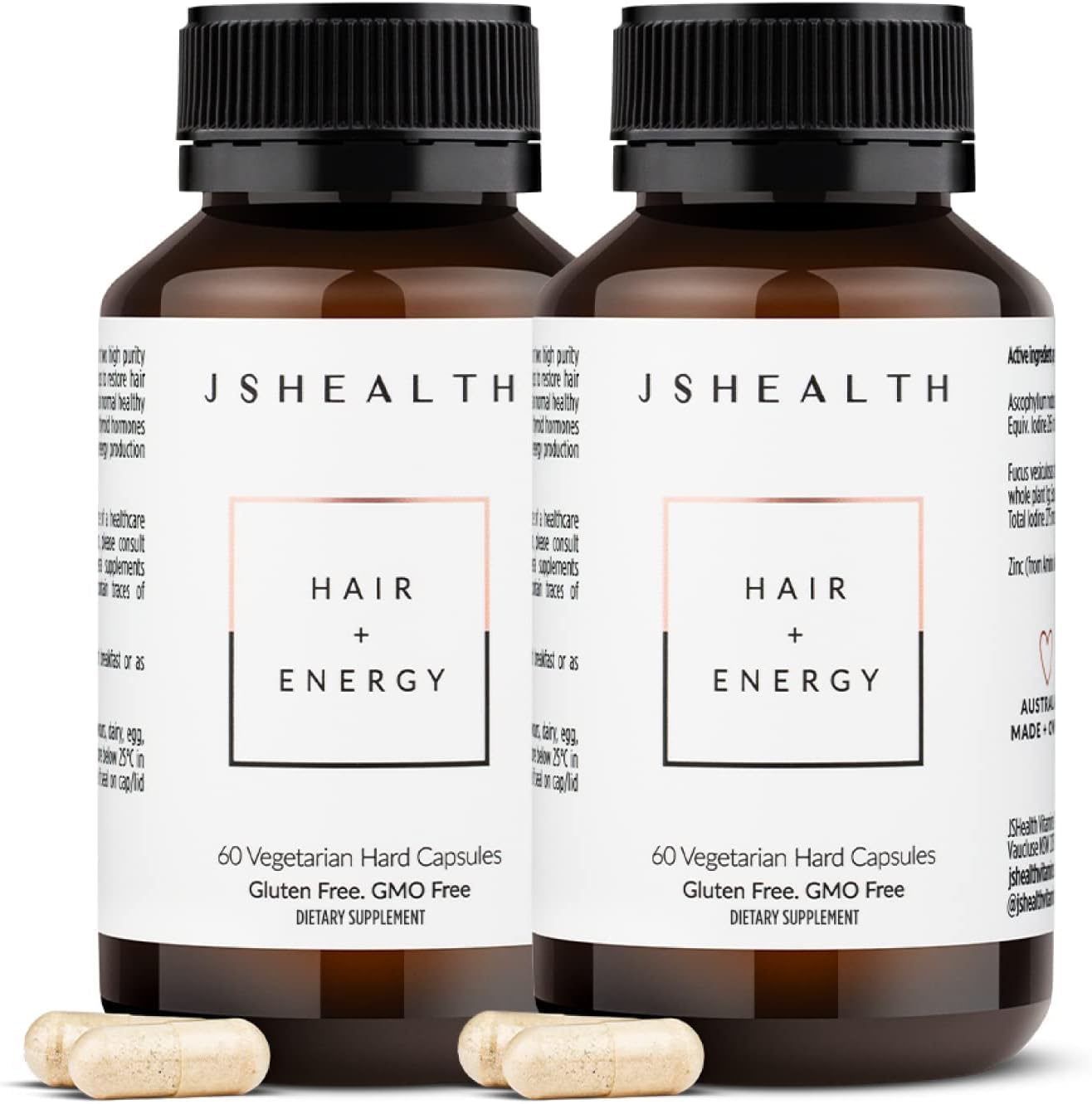 JSHealth Hair + Energy Formula bottle on the counter suggesting daily vitality.