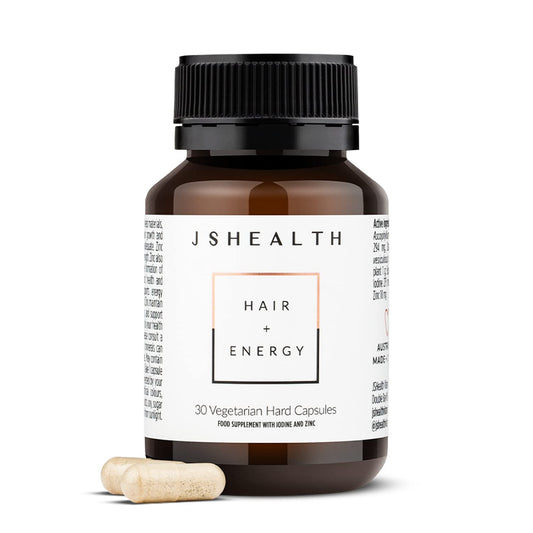 JSHealth Hair and Energy Formula bottle on a clean surface promoting daily vitality.