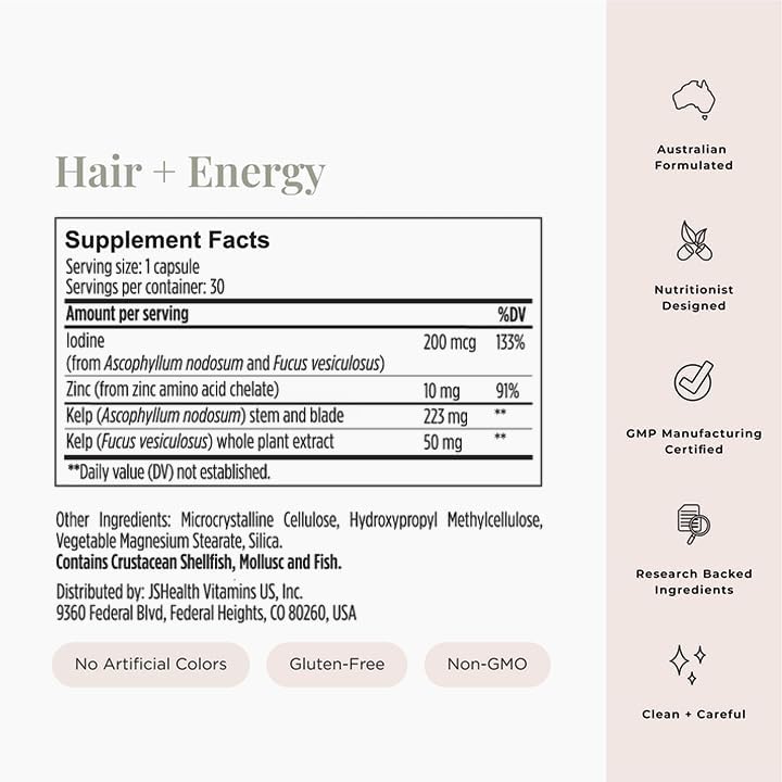 Boxed JSHealth Hair and Energy Formula with soft lighting for wellness.