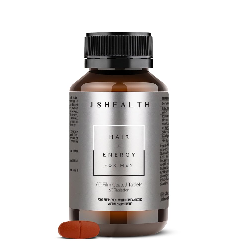 JSHealth Hair & Energy for Men bottle highlights capsules for daily vitality.