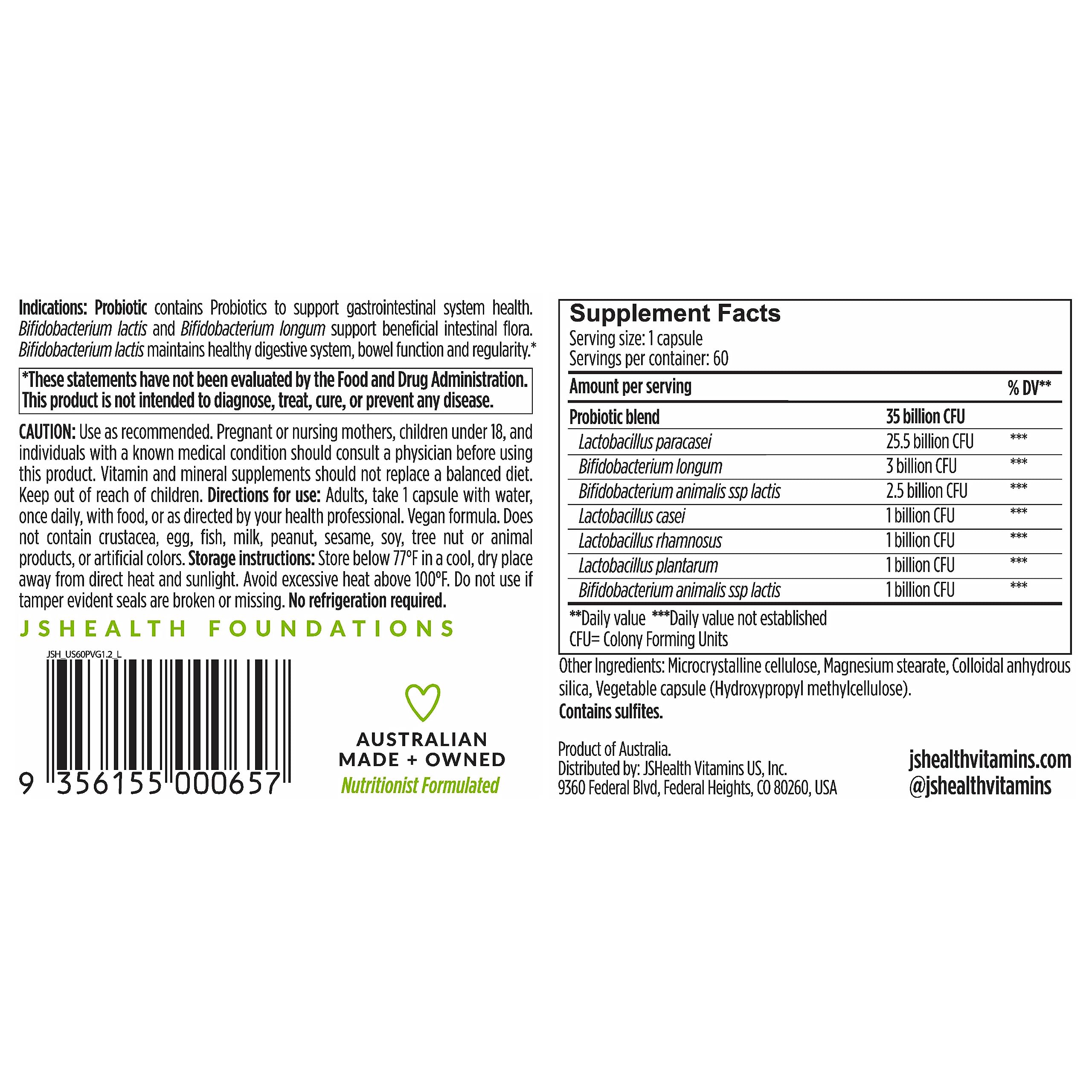 JSHealth Immunity probiotic label highlights quality and safety features