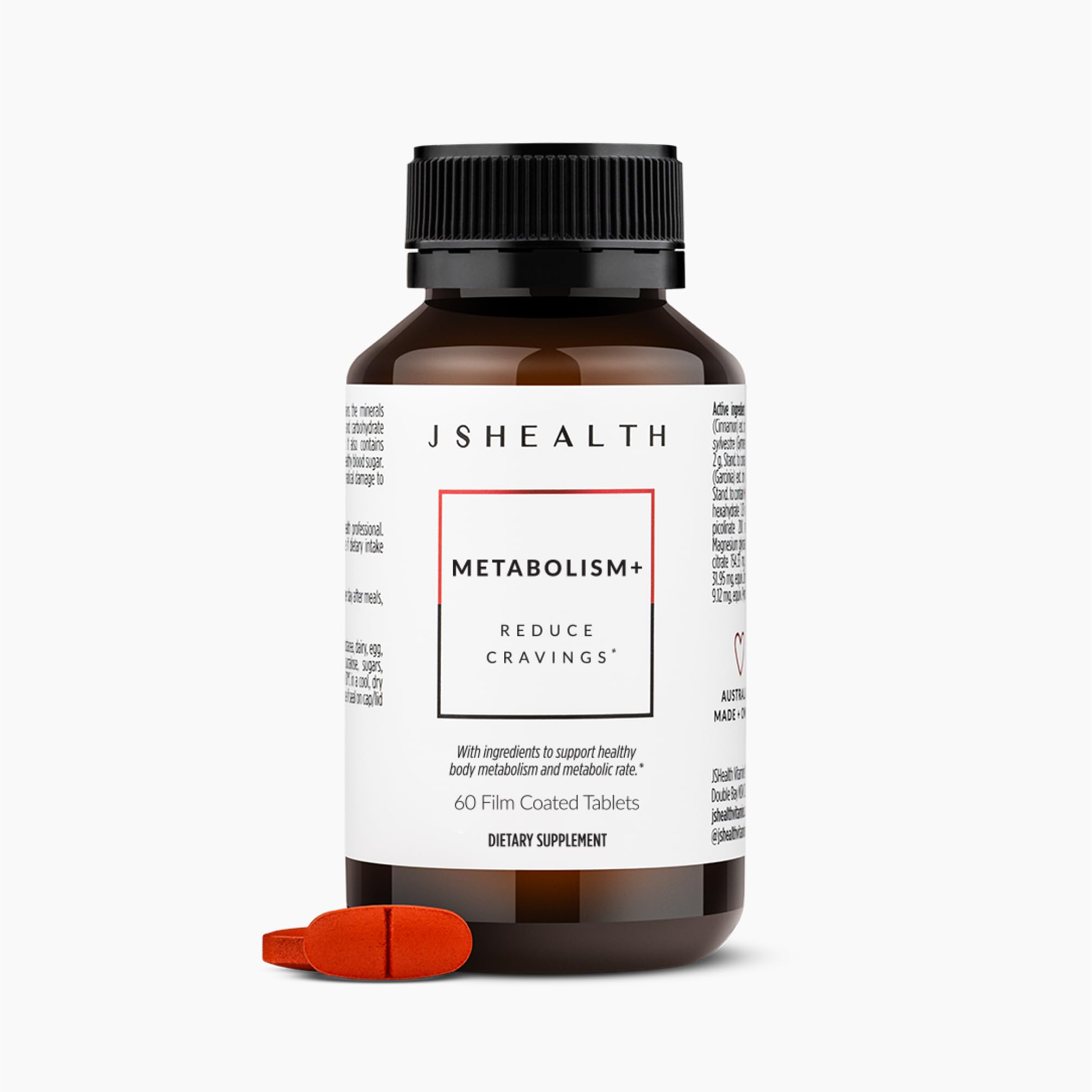 JSHealth Metabolism+ capsules poured from bottle for daily energy support.