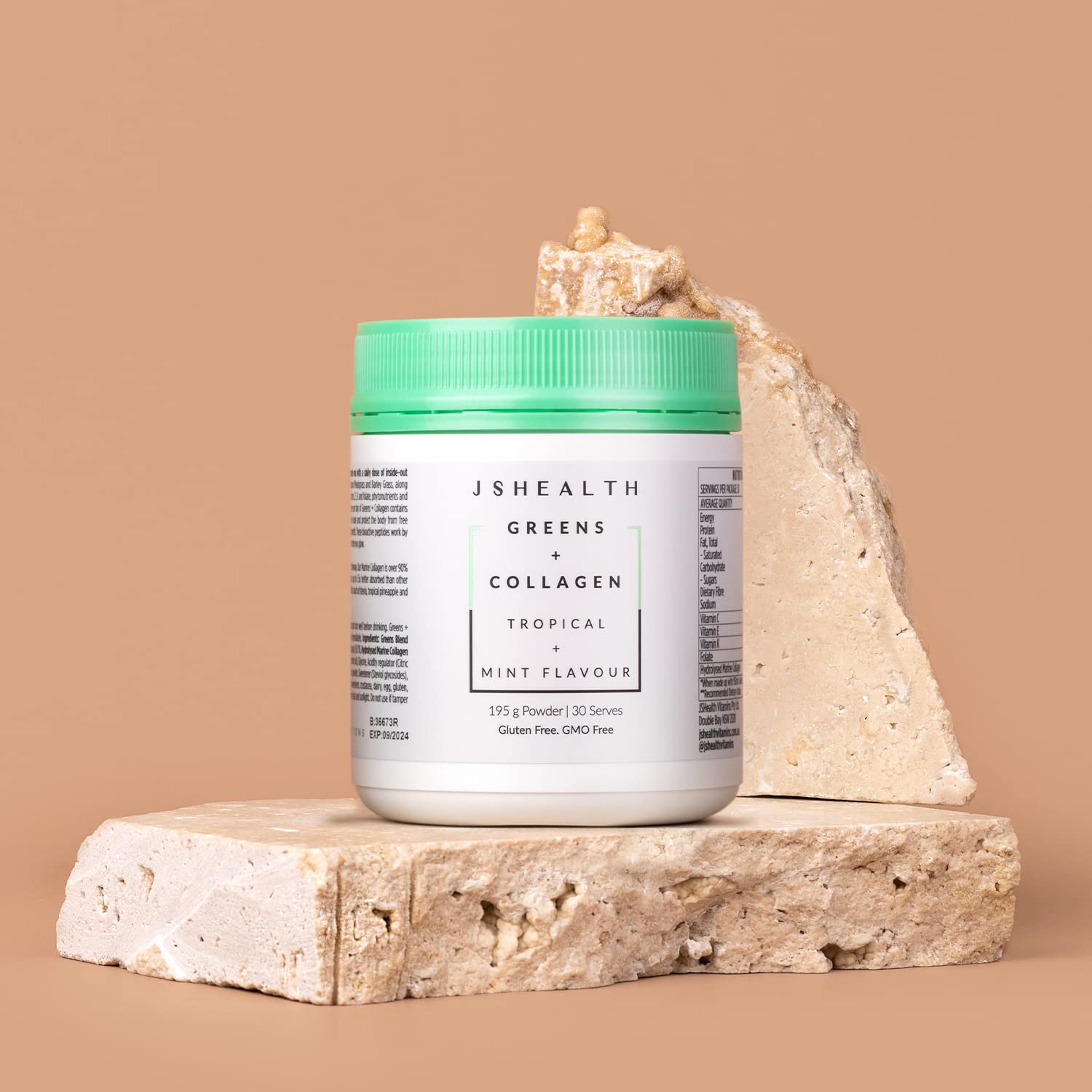 JSHealth sustainability emblem on box highlighting responsibly sourced Nordic marine collagen.