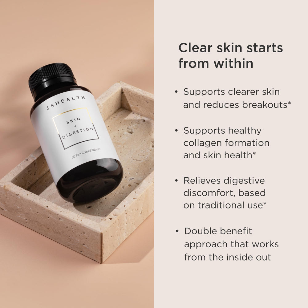 JSHealth Skin and Digestion Formula tablets close-up showing vegan capsules