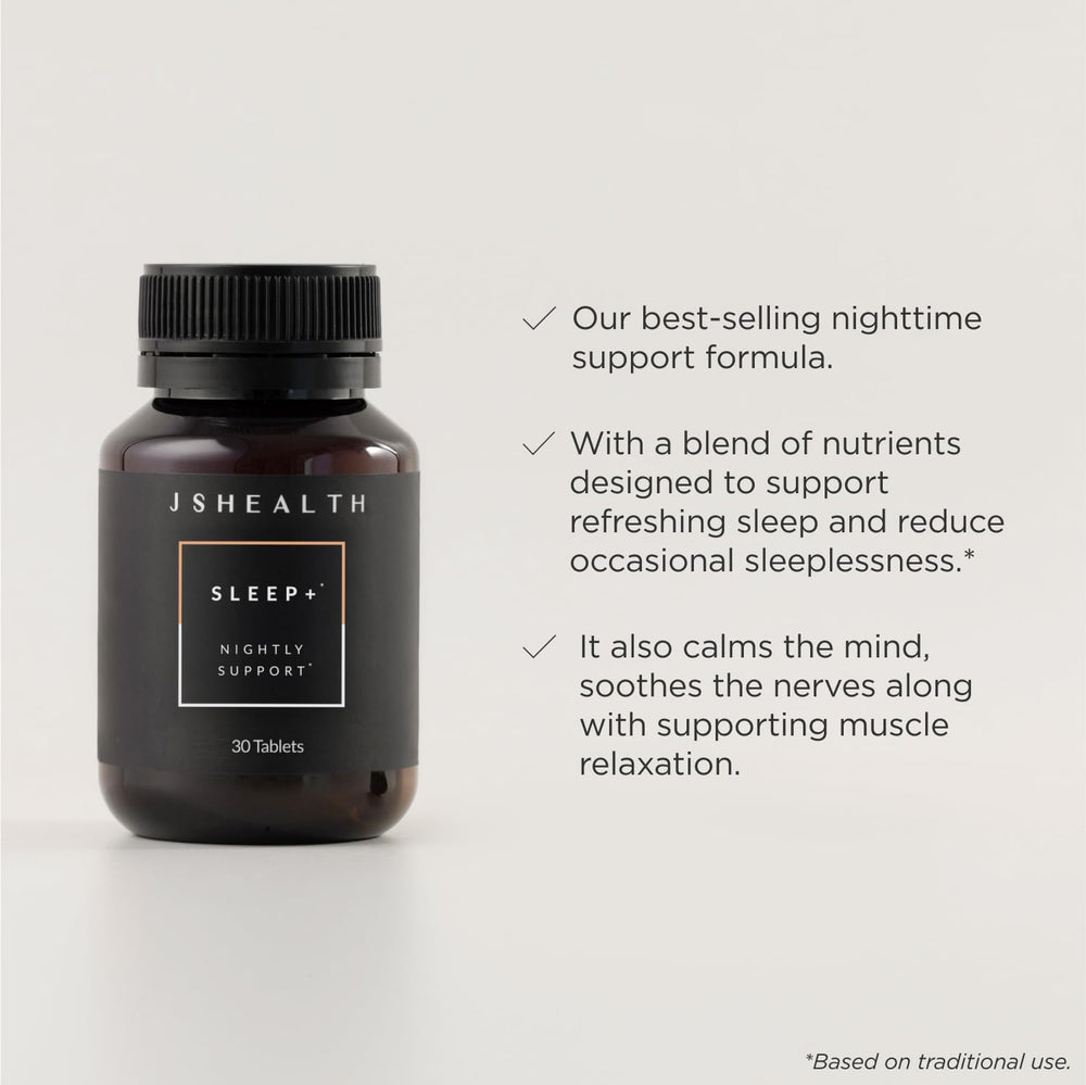 JSHealth Sleep Aid bottle label highlights magnesium and herbs for calm nights.