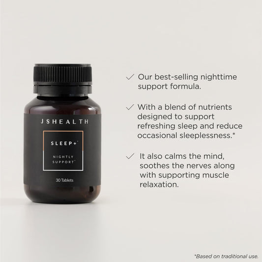 JSHealth Sleep Aid bottle label highlights magnesium and herbs for calm nights.